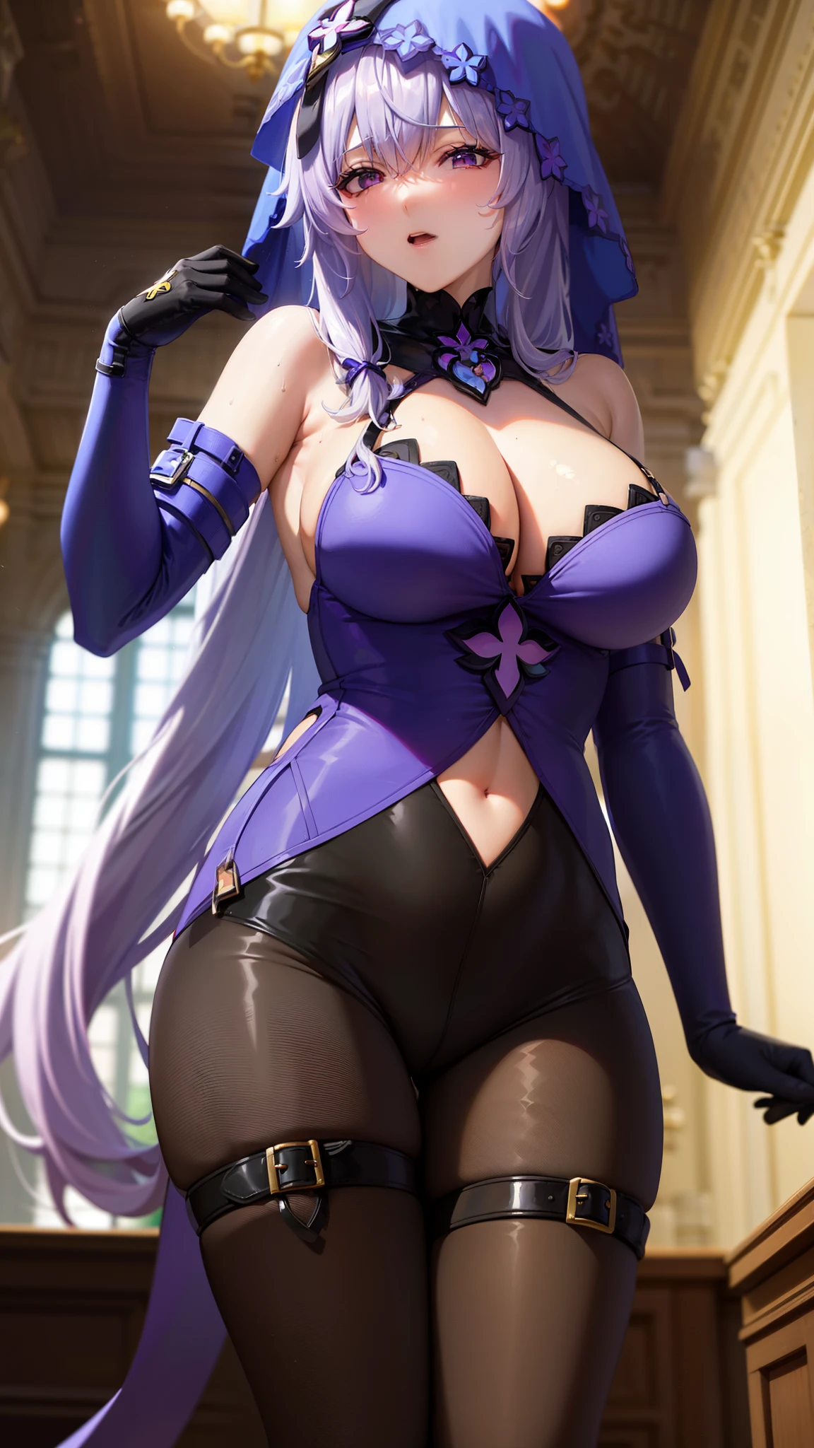 black swan, hair between eyes, long hair, (purple eyes:1.1), very long hair, white hair,arm belt, bare shoulders, cleavage, covered navel, dress, elbow gloves, gloves, purple dress, sleeveless, sleeveless dress, veil,