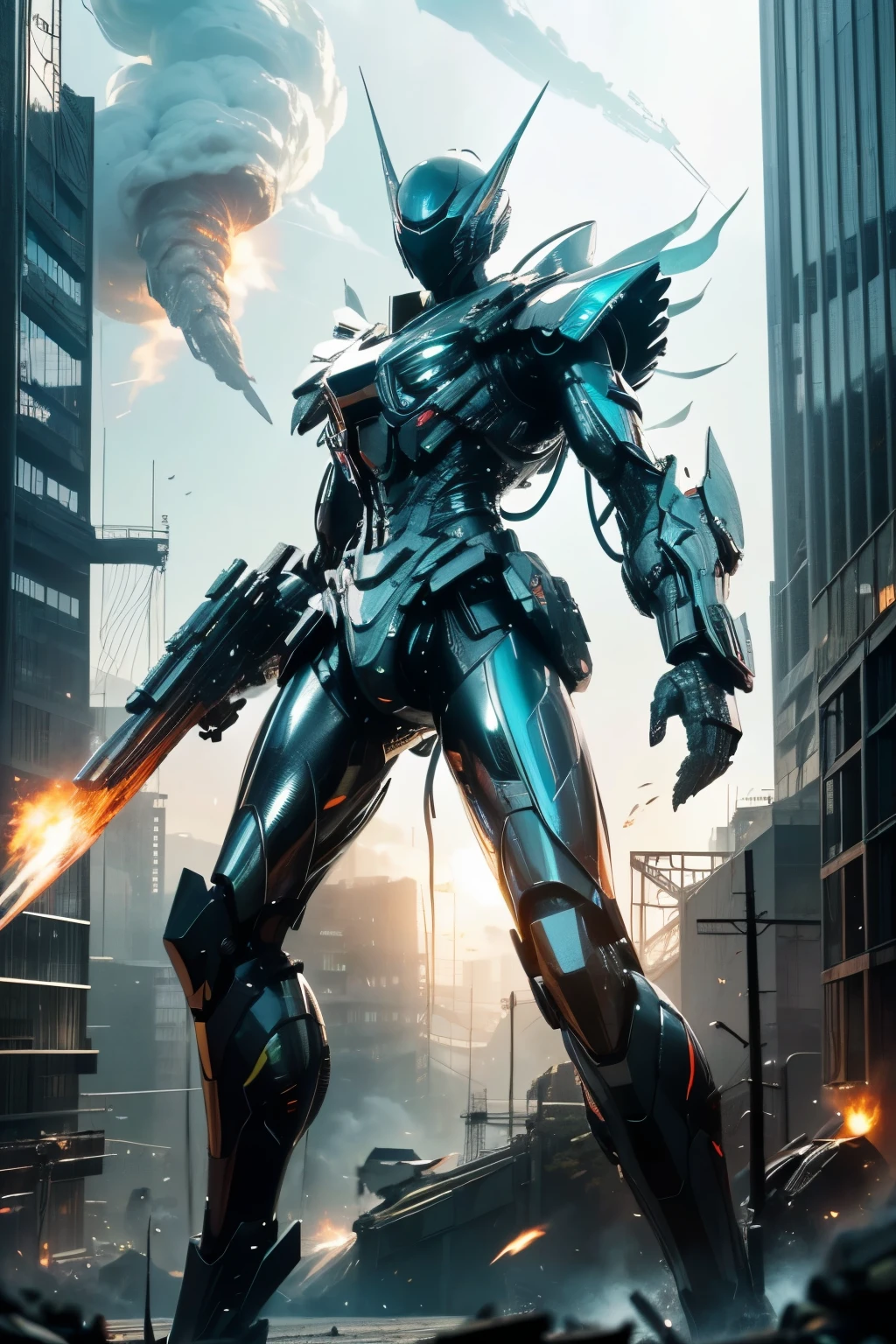 best quality, 32k, RAW photo, incredibly absurdres, extremely detailed, delicate texture, gigantic mechanical warrior 50 meters tall, streamlined body with shiny chrome plating and iridescent jet black parts, weapons and shields, background destroyed city, explosion, flame, smoke, delicate, flashy and dynamic depiction, 3D
