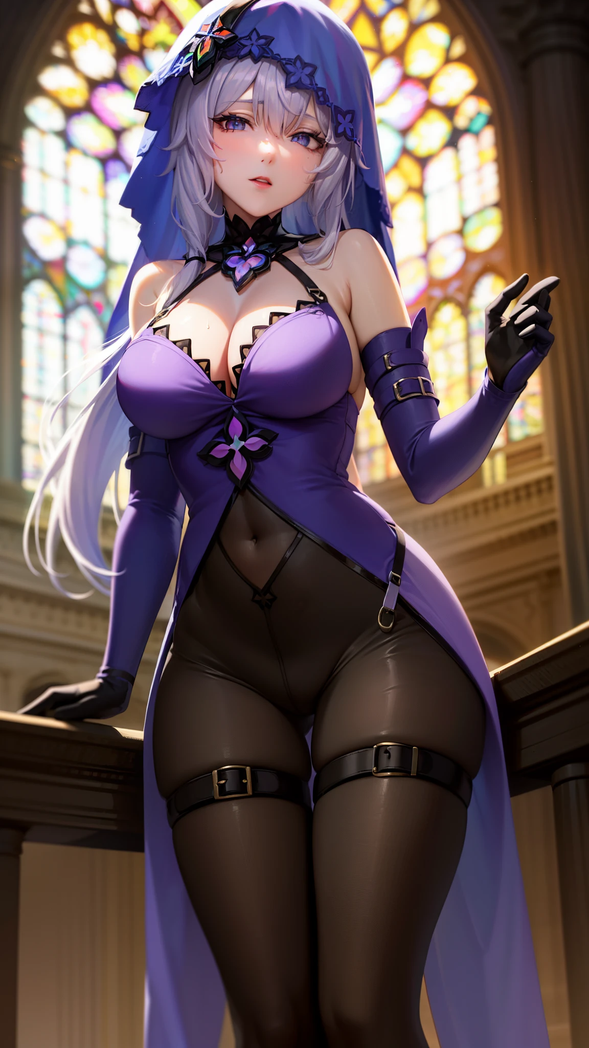 blackswan, black swan, hair between eyes, long hair, (purple eyes:1.1), very long hair, white hair, BREAK arm belt, bare shoulders, cleavage, covered navel, dress, elbow gloves, gloves, purple dress, sleeveless, sleeveless dress, veil, BREAK indoors, church, BREAK looking at viewer, (cowboy shot:1.5), BREAK (masterpiece:1.2), best quality, high resolution, unity 8k wallpaper, (illustration:0.8), (beautiful detailed eyes:1.6), extremely detailed face, perfect lighting, extremely detailed CG, (perfect hands, perfect anatomy),hand up,armpit, sweating,