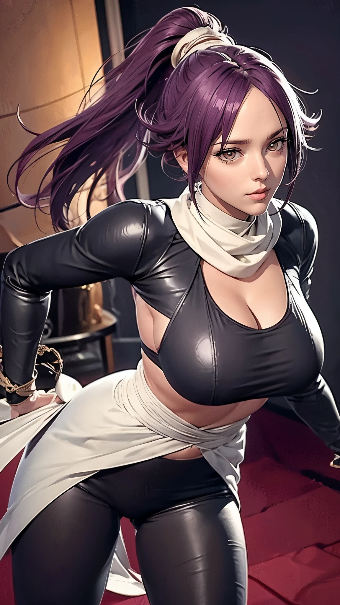 （（（完美figure，figure， orange shirt, black leggings, shirt accessory, waist accessory, scarf, leg warmers, shoulder pads, detached sleeves, （（（shihouin yoruichi，Golden pupil，1girl，dark-skinned female，solo，ponytail，long purple hair ））），（（（wide hips））），S型figure:1.7））），((masterpiece)),high resolution, ((Best quality at best))，masterpiece，quality，Best quality，（（（ Exquisite facial features，looking at the audience,There is light in the eyes，lol，confidence））），（（（Light and shadow interlace，huge ））），（（（looking into camera，fighting stance ）））