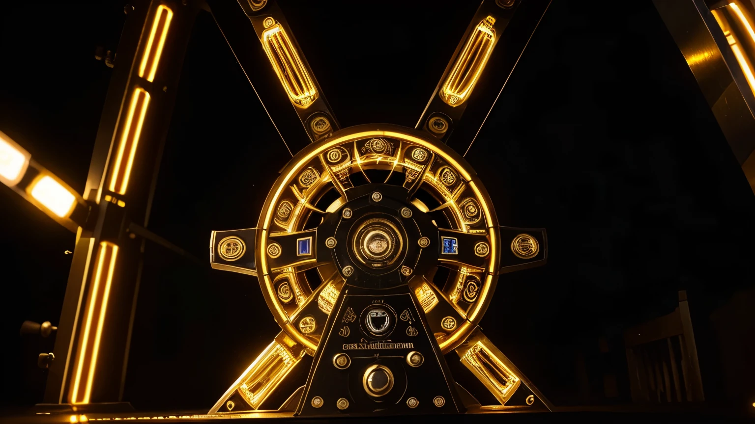 a close up of a wheel of fortune with LED, wheel, mega, perpetual motion machine, medium closeup, high resolution!, Gold & black, fantasy feel, detail, LED