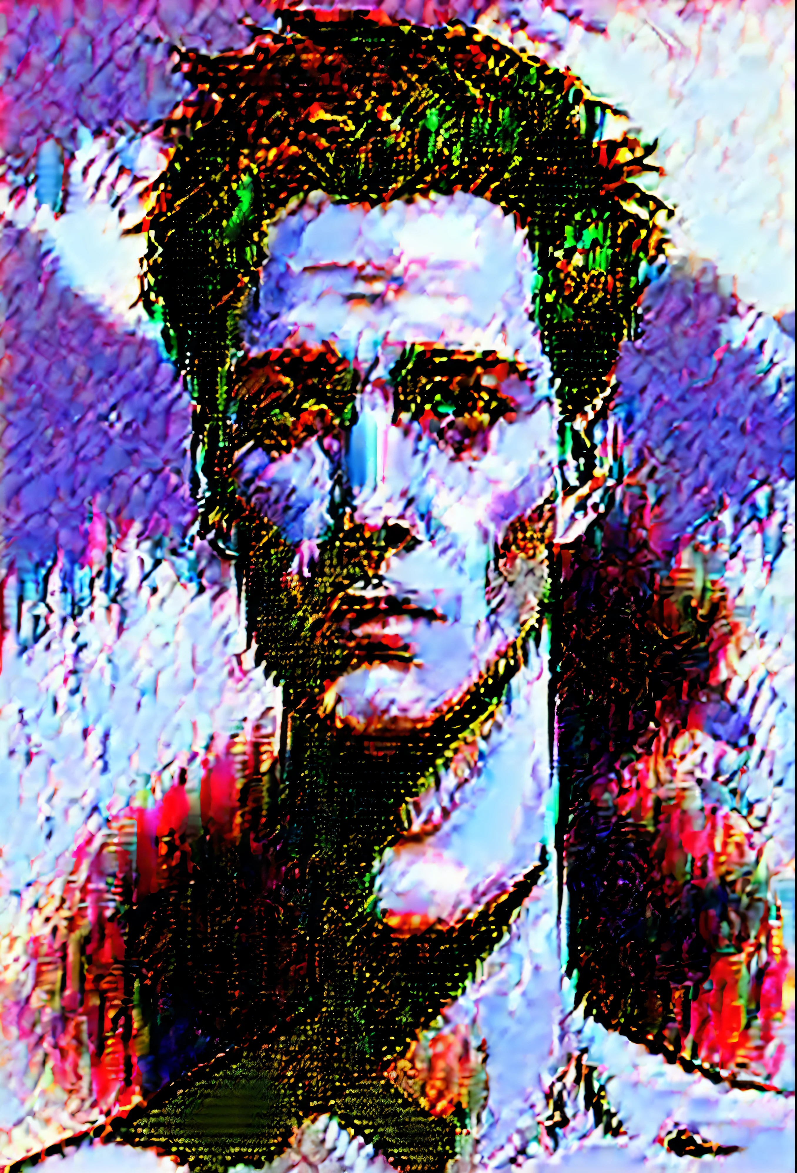 Generate an unprocessed digital illustration featuring a male protagonist inspired by the aesthetic of 'Mob Psycho 100.' The protagonist should possess captivating eyes, emitting an intense, deep stare that draws viewers in. Keep the illustration raw and unedited, showcasing the raw beauty of the scene without any additional processing. Experiment with glitch art and acid wash techniques to create a visually striking effect, while maintaining the authenticity of the composition. Utilize a neon drip aesthetic to infuse energy into the illustration, engaging the viewer with an attention-capturing presence. Outline the subject with a neon glitch outline to add visual interest, and integrate ethereal, spectral motifs to enhance the overall mood. Apply a double exposure technique to blend reality with fantastical elements seamlessly. Depict the male figure wearing a crown of intertwined roses, varying from buds to full blooms, with soft petals falling around him.