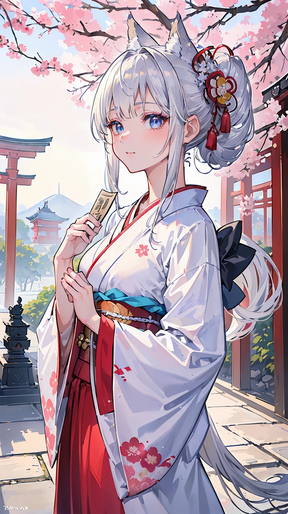 (((Masterpiece))), (((Highest quality))), ((Ultra-detailed)), ((Super fine illustration)), ((Ultra-fine painting)), (16K highest quality wallpaper:1.4), (Upper body:1.6), HDR, (Highly detailed and delicate illustration style:1.8), Detailed skin texture, Detailed cloth texture, Extreme detailed description, (T-masterpiece), (Highly detailed face:1.2), (Highly detailed silver fox ears:1.2), (Highly detailed shiny silver half updo:1.2), (Highly detailed clear eyes:1.2), Original, RAW photo, Professional, Intricate details, Super details, Direct light:1.6, (Perfect anatomy:1.4), (Highly detailed hands:1.2), (Highly detailed fingers:1.2), (Highly detailed fingertips:1.2), (16-years-old), Real, (Solo:1.8), ((A beautiful and cute silver fox girl who is an idol and wears a bright red long-sleeved kimono with a floral pattern:1.4)) BRAKE (Beautiful and adorable silver fox ears:1.6), (Highly detailed and delicate silver fox ears:1.4), (Beautiful and well-shaped big breasts:1.2), (Beautiful and well-shaped buttocks), (Beautiful and shiny silver half updo:1.6), (Highly detailed and delicate silver half updo:1.2), (Beautiful clear blue eyes that shine with great detail:1.6), (Highly detailed and delicate blue eyes:1.2), (Highly detailed face:1.4), (Smile:1.3), (Blush:1.4), (Looking at viewer:1.4), (Celebration:1.4) BRAKE (Bright red long-sleeved kimono with floral pattern:1.4), (Japanese traditional costume:1.2) BRAKE (Concept art:1.2), (Detailed fantasy art:1.2) BRAKE (Highly detailed and delicate Ise Grand Shrine in Mie Prefecture in the background just after noon in spring:1.6), (Standing in front of the torii gate:1.4), (Celebration:1.4), Ise Grand Shrine:1.4, Torii gate of Ise Shrine:1.4, cherry blossoms:1.2, Very beautiful in the sunny sky background just after noon:1.4 BRAKE 