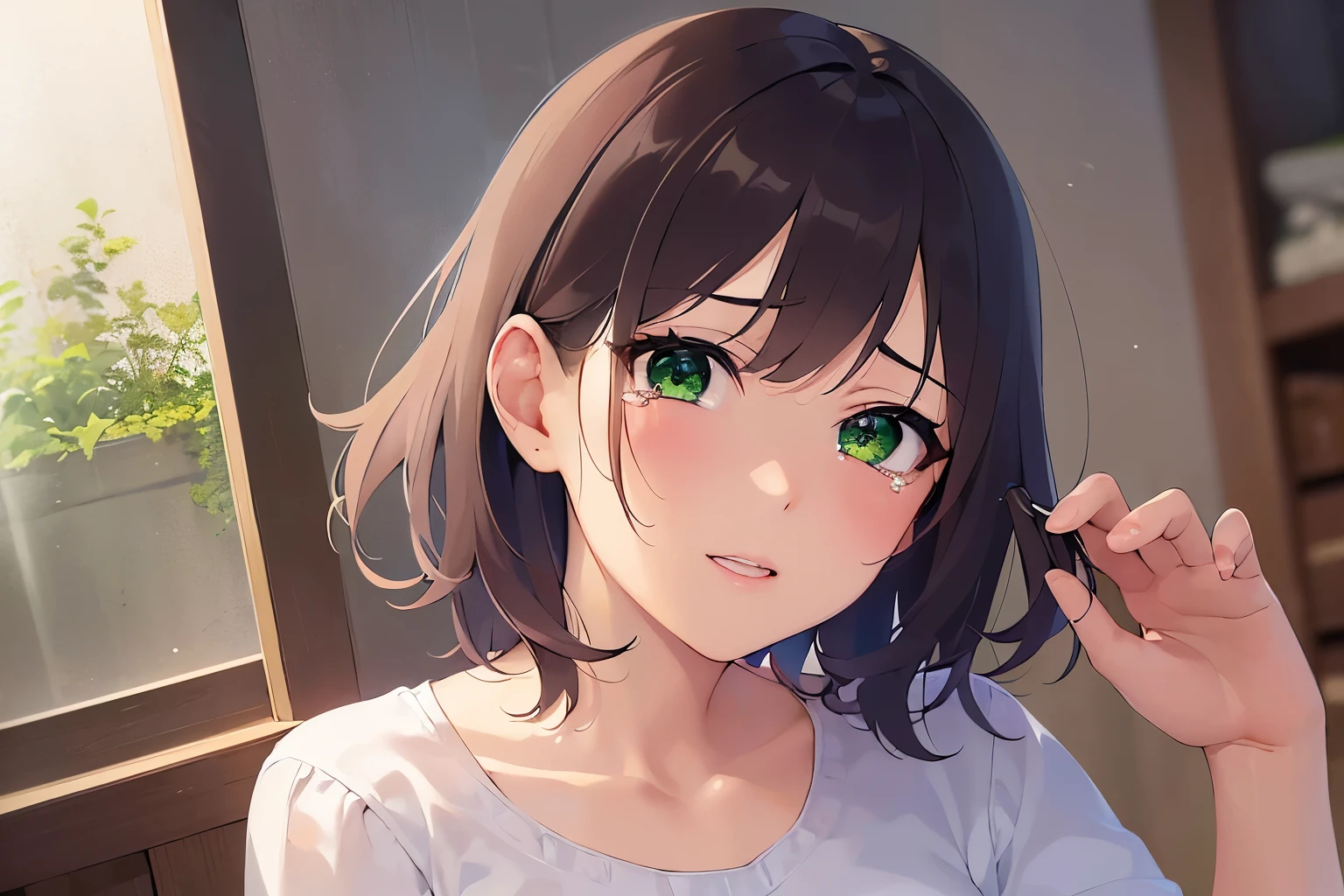 (midnight:1.5), (cinematic angle:1.3), medium shot, Realistic, real person, RAW photo, photorealistic, portrait photography, shiny skin, japanese idol、(前髪がある20歳の女性), (green eyes:1.5) and (brown hair) and (bob cut) and (wavy hair), (White Short sleeved blouse:1.3)、(tears:1.3), 一人きり、立っている、背景は夜の外