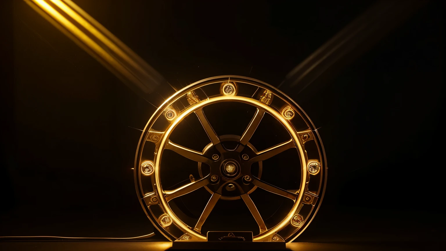 a close up of a wheel of fortune with LED, wheel, mega, perpetual motion machine, medium closeup, high resolution!, Gold & black, fantasy feel, detail, LED