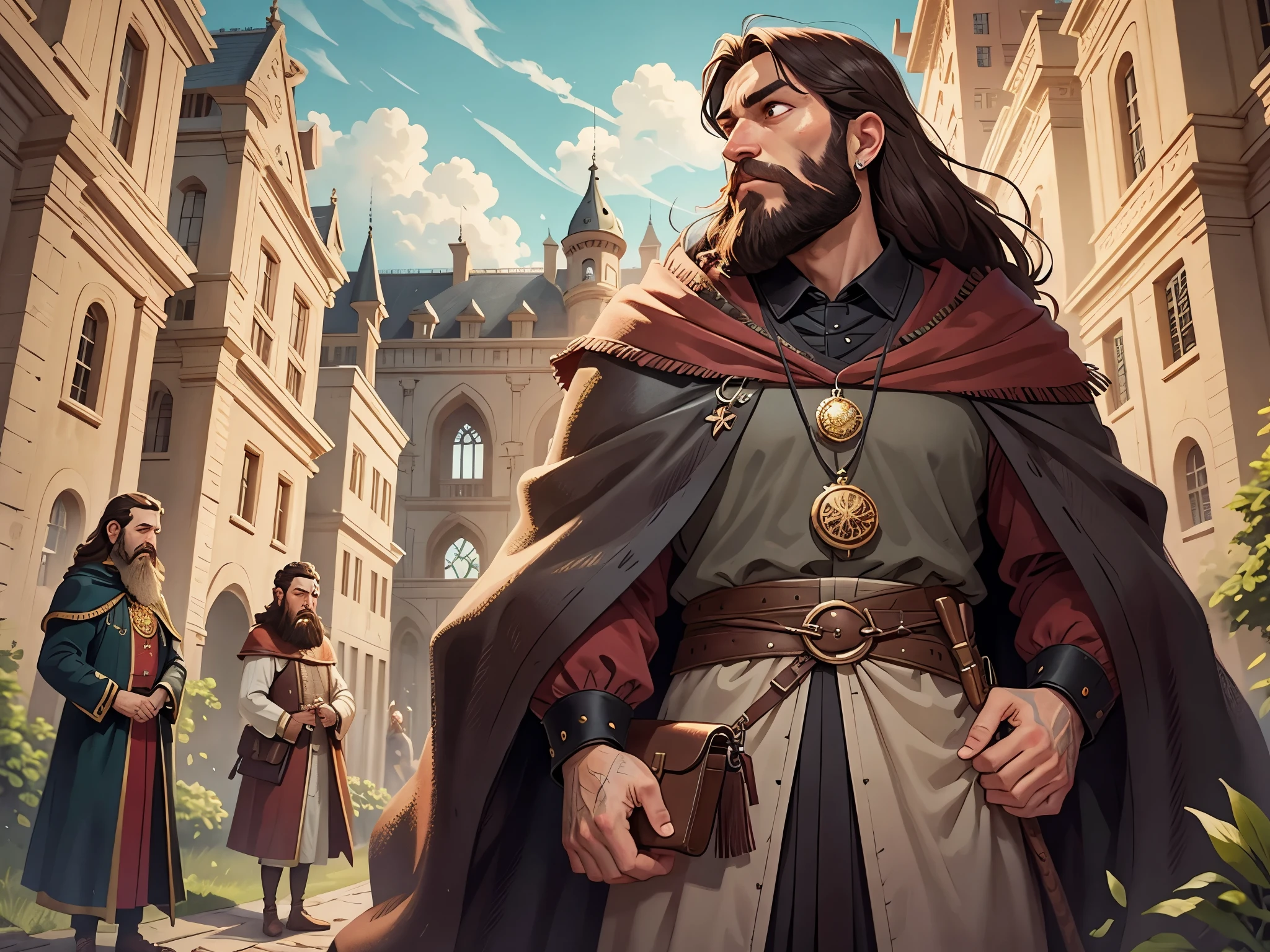 [[[Ultra-detailed, best quality, beautiful, 4K, detailed faces, medieval stories]]], brown haired bearded man leaves, behind is a huge royal palace and a group of ministers wearing black robes