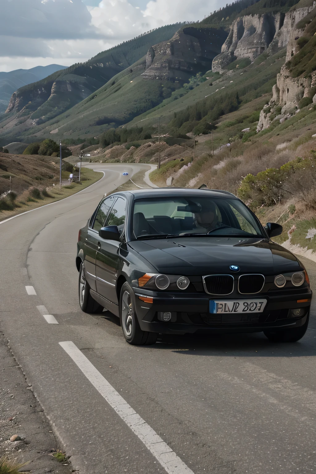 BMW 2002 de cuatro puertas, verde oscuro, casi negro, driving through a mountain pass, con tonos verdes y marrones predominando en la imagen. Just one car 