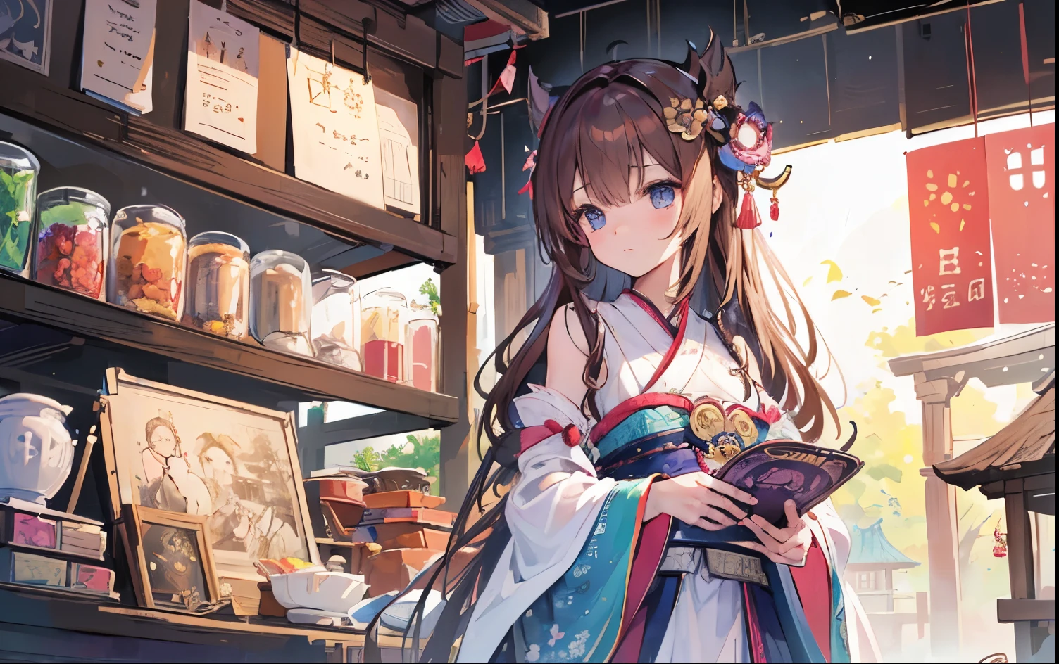 fantasy world,view from faraway,Cute female merchant selling magical items in a busy market,fantasic world,wearing robe,many goods display,masterpiece,soft line,cute face,wavy Brown hair,(extremely delicate and beautiful work), ((masuter piece)), (Best Quality) (detailed art),(very detailed),beautiful face,wearing robe,many light floating,midnight,colorful art,(((soft line drawing)))
