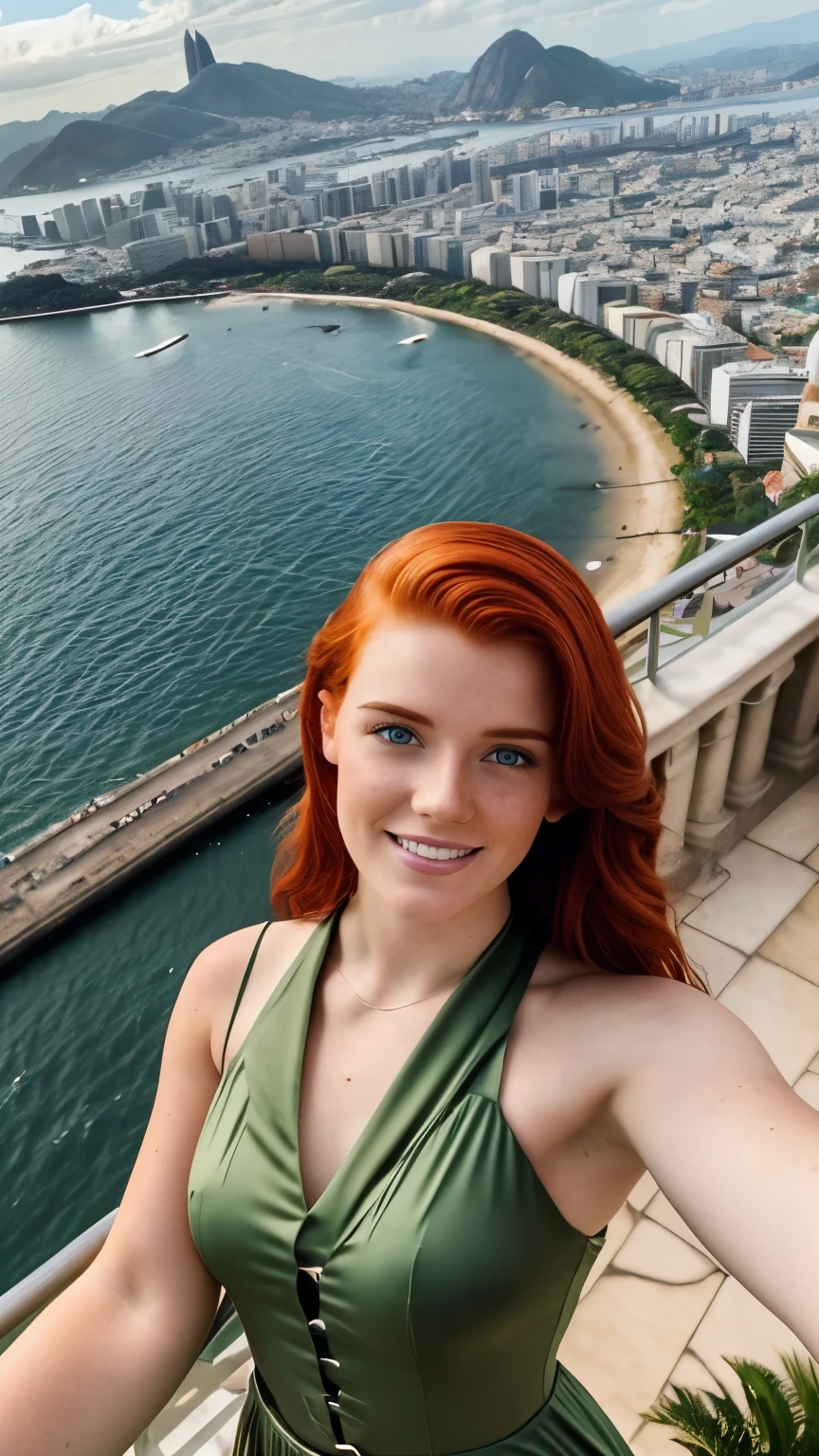 Hyper-realistic 23-year-old redhead, of Irish descent and freckles in selfie mode for Instagram dressed as a Snapchat influencer Full photo in Christ the Redeemer Rio de Janeiro, super detailed