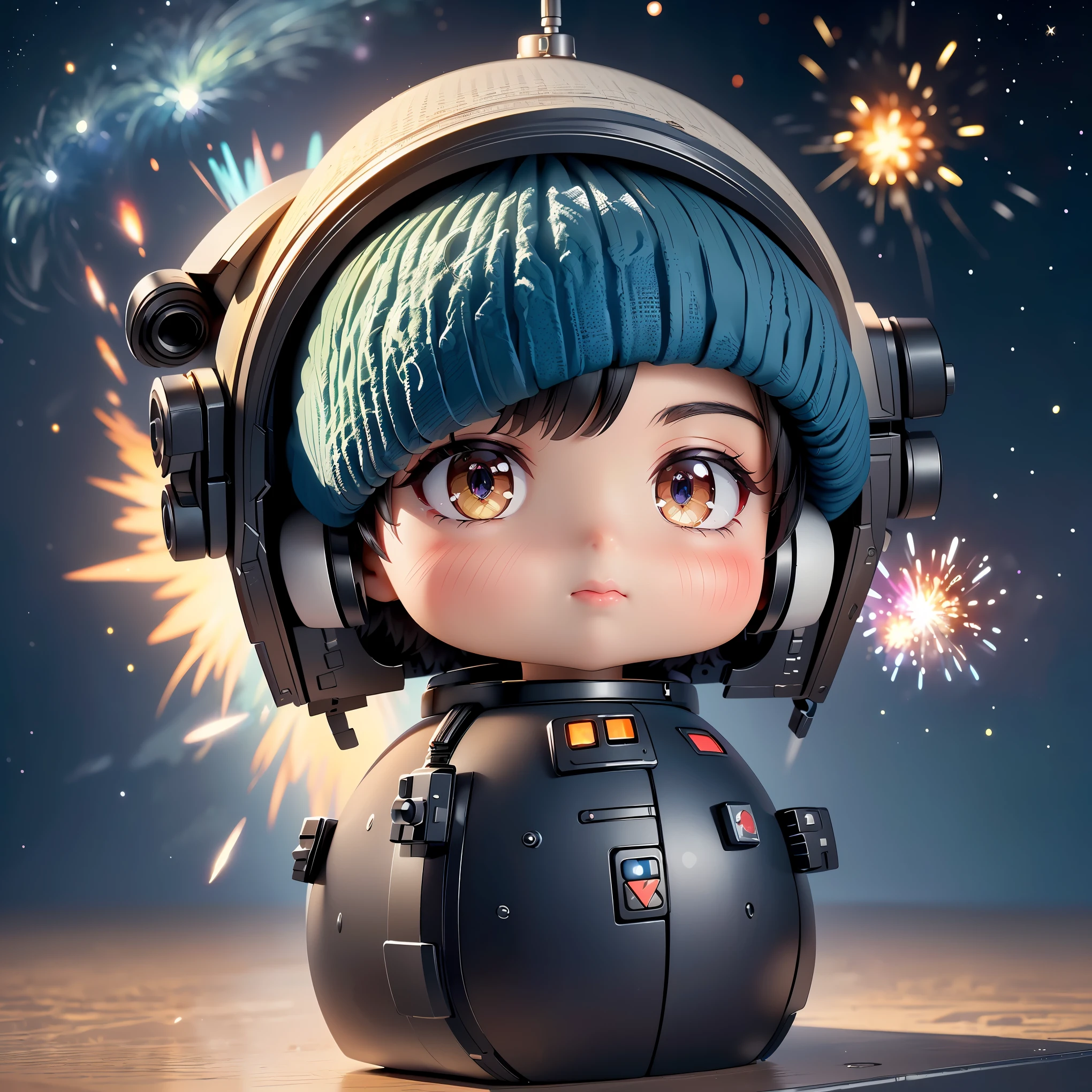 (8K, RAW photo, 最high quality, masterpiece:1.2), High-definition RAW color photo, Professional photo shoot, cinematic light, ((Chibichara, Nendoroid)), detailed robot in outer space, mecha suit, advanced technology, Metallic body, hall々and presence, glowing red eyes, elaborate design, Smooth and streamlined body, Attitude control in zero gravity, heavy weapon equipment, vast background of stars and galaxies, (((interstellar battle scene, Dynamic and lively composition, Colorful nebulae, cosmic ray particles, explosion and energy blast))), background bokeh, high quality, surreal, bright colors, ((very detailed, photo shoot)),