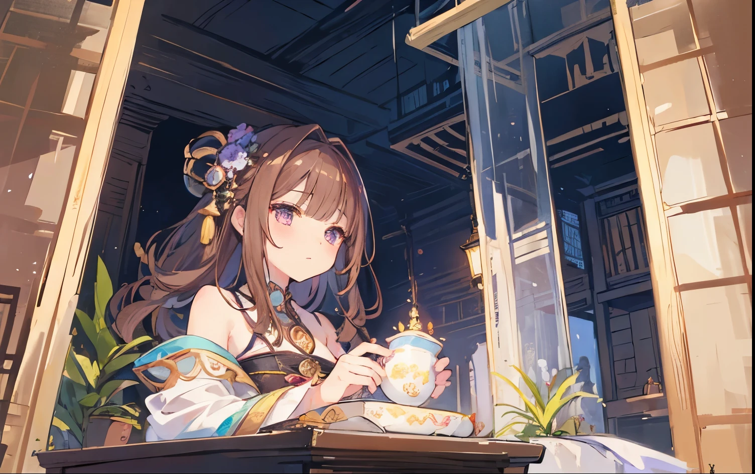 fantasy world,view from faraway,Cute female merchant selling magical items in a busy market,fantasic world,wearing robe,many goods display,masterpiece,soft line,cute face,wavy Brown hair,(extremely delicate and beautiful work), ((masuter piece)), (Best Quality) (detailed art),(very detailed),beautiful face,wearing robe,many light floating,midnight,colorful art,(((soft line drawing)))