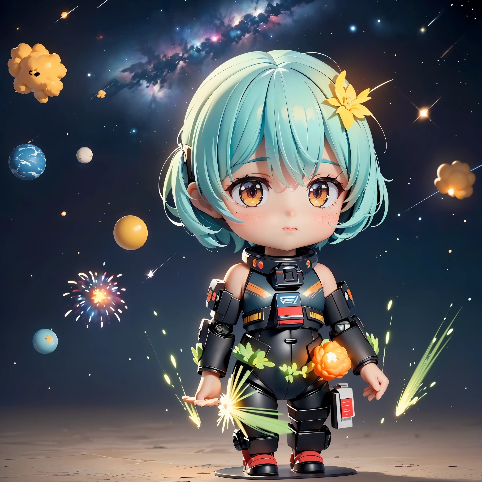 (8K, RAW photo, 最high quality, masterpiece:1.2), High-definition RAW color photo, Professional photo shoot, cinematic light, ((Chibichara, Nendoroid)), detailed robot in outer space, mecha suit, advanced technology, Metallic body, hall々and presence, glowing red eyes, elaborate design, Smooth and streamlined body, Attitude control in zero gravity, heavy weapon equipment, vast background of stars and galaxies, (((interstellar battle scene, Dynamic and lively composition, Colorful nebulae, cosmic ray particles, explosion and energy blast))), background bokeh, high quality, surreal, bright colors, ((very detailed, photo shoot)),