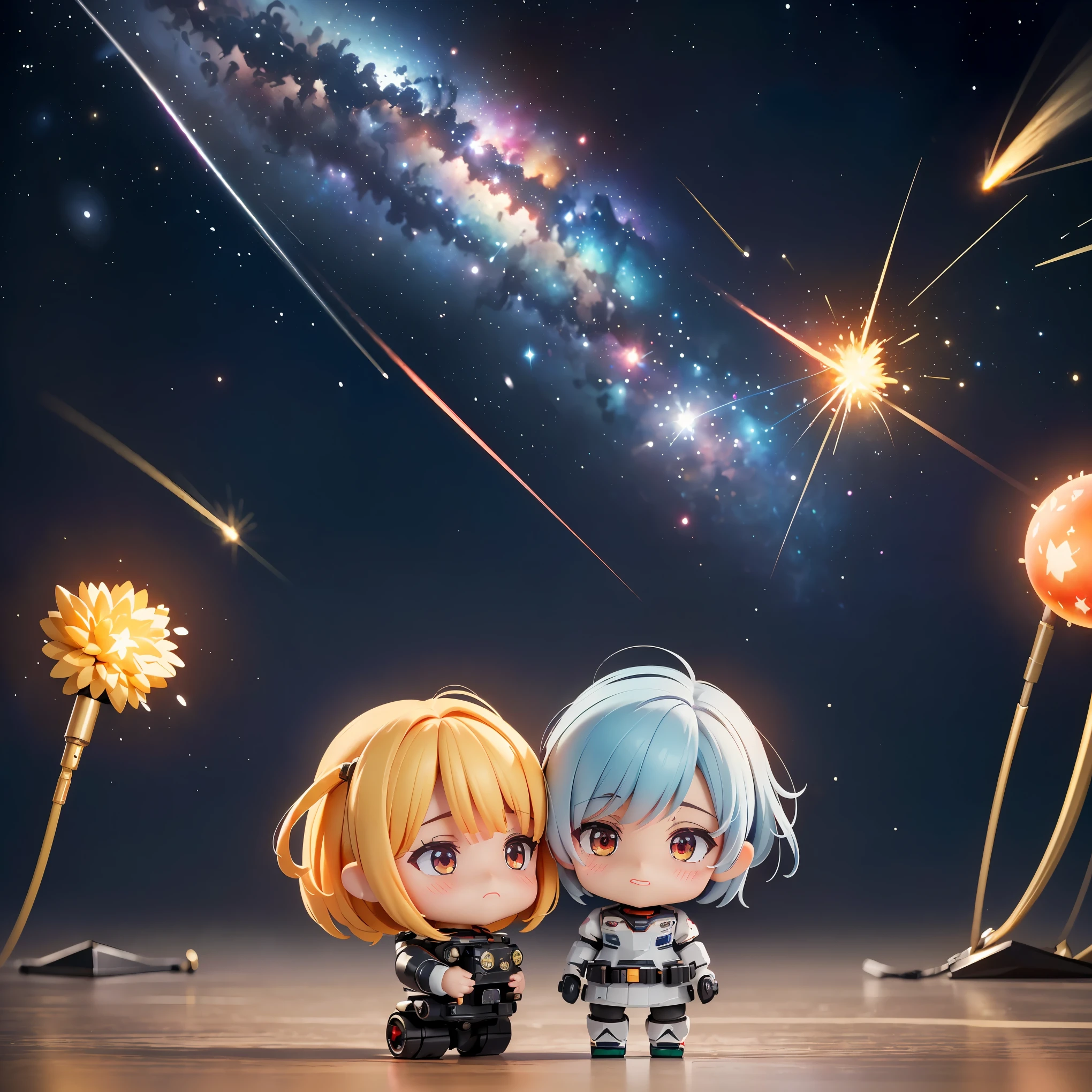 (8K, RAW photo, 最high quality, masterpiece:1.2), High-definition RAW color photo, Professional photo shoot, cinematic light, ((Chibichara, Nendoroid)), detailed robot in outer space, mecha suit, advanced technology, Metallic body, hall々and presence, glowing red eyes, elaborate design, Smooth and streamlined body, Attitude control in zero gravity, heavy weapon equipment, vast background of stars and galaxies, (((interstellar battle scene, Dynamic and lively composition, Colorful nebulae, cosmic ray particles, explosion and energy blast))), background bokeh, high quality, surreal, bright colors, ((very detailed, photo shoot)),