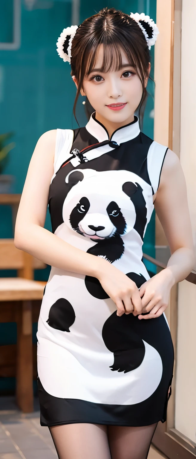 kung fu idol、whole body、good style、、、、、Panda print tight mini cheongsam dress、