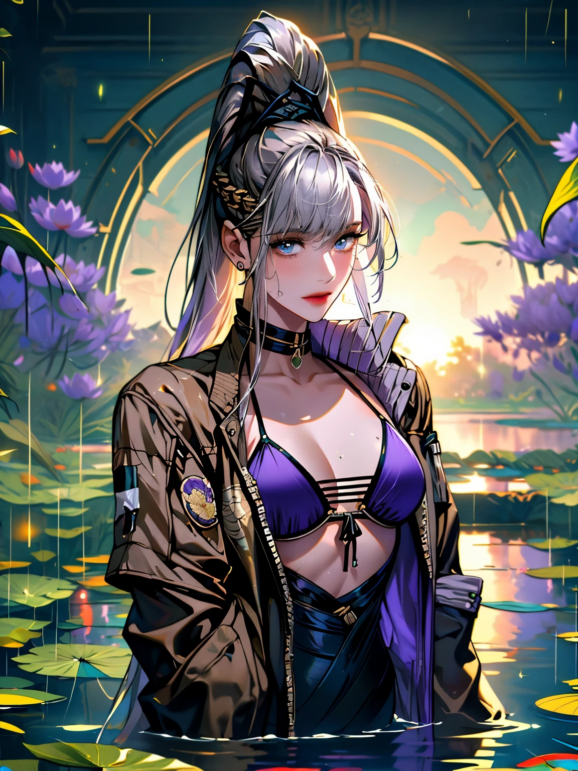 masterpiece, Wallpaper, summer pond, pond, afternoon sun, surrounded by lotus leaves, pond background, depth of field, hot weather, high definition detail, wet, ultra detail, movie, soft light, deep field focus bokeh, Ray Tracing, Diffuse (Extra Fine Glass Reflections). baiyi, ponytail,grey hair, purple bikini, open jacket
