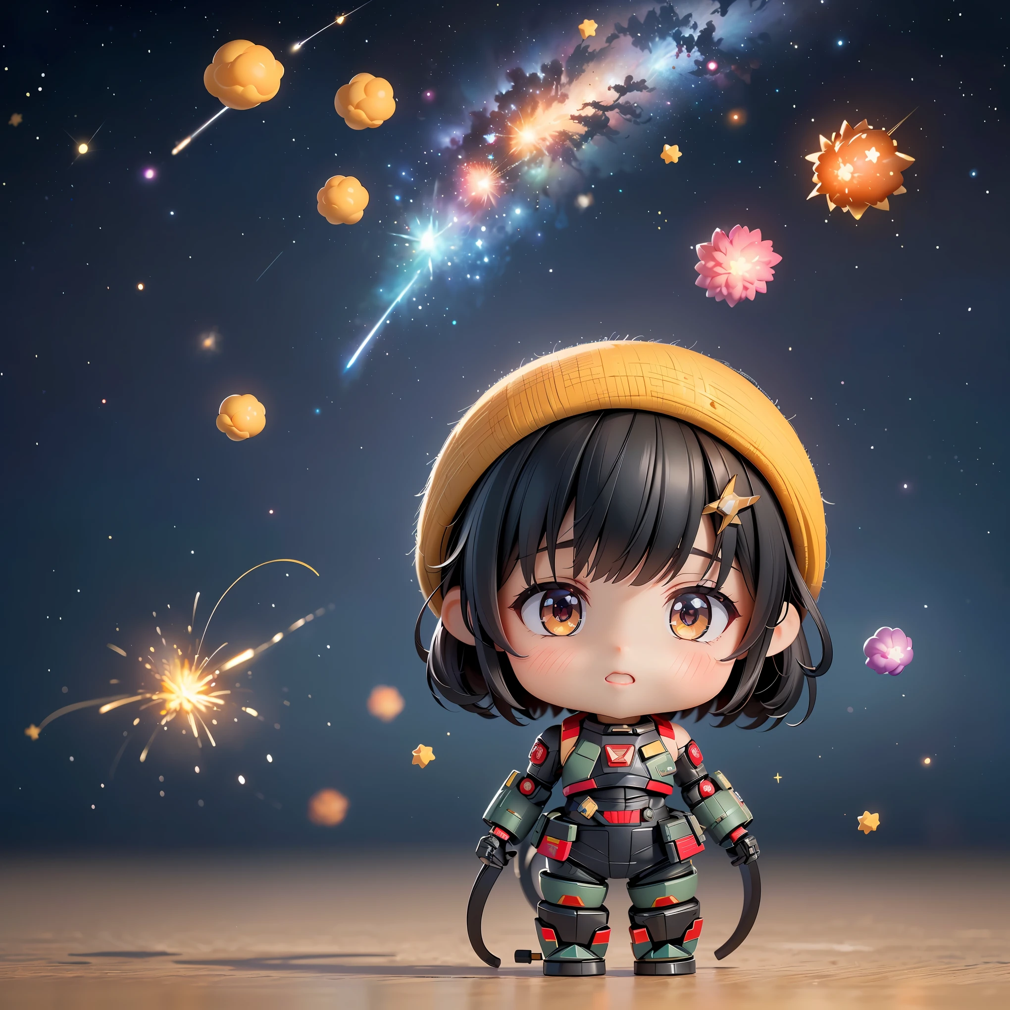 (8K, RAW photo, 最high quality, masterpiece:1.2), High-definition RAW color photo, Professional photo shoot, cinematic light, ((Chibichara, Nendoroid)), detailed robot in outer space, mecha suit, advanced technology, Metallic body, hall々and presence, glowing red eyes, elaborate design, Smooth and streamlined body, Attitude control in zero gravity, heavy weapon equipment, vast background of stars and galaxies, (((interstellar battle scene, Dynamic and lively composition, Colorful nebulae, cosmic ray particles, explosion and energy blast))), background bokeh, high quality, surreal, bright colors, ((very detailed, photo shoot)),