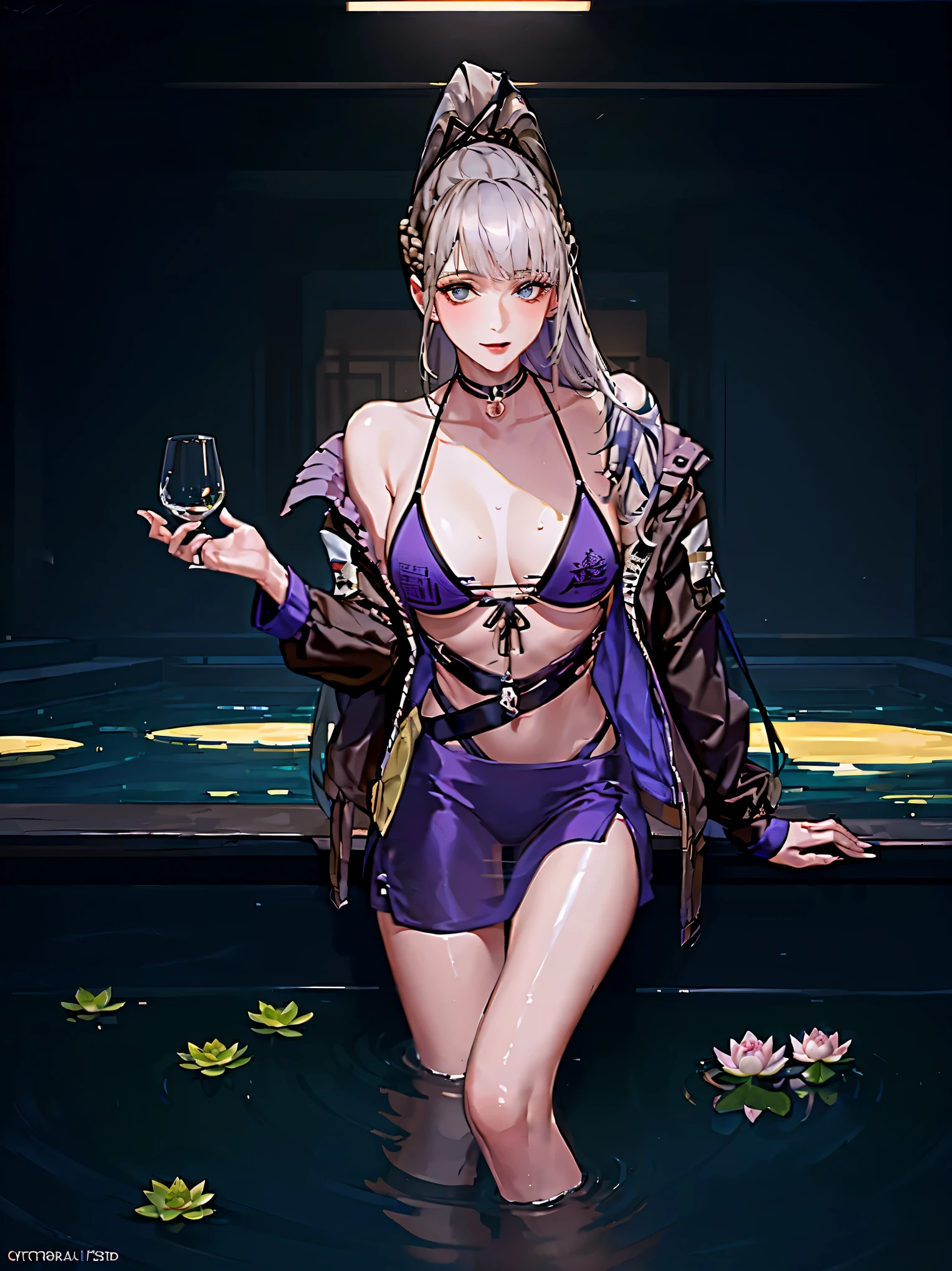 masterpiece, Wallpaper, summer pond, pond, afternoon sun, surrounded by lotus leaves, pond background, depth of field, hot weather, high definition detail, wet, ultra detail, movie, soft light, deep field focus bokeh, Ray Tracing, Diffuse (Extra Fine Glass Reflections). baiyi, ponytail,grey hair, purple bikini, open jacket