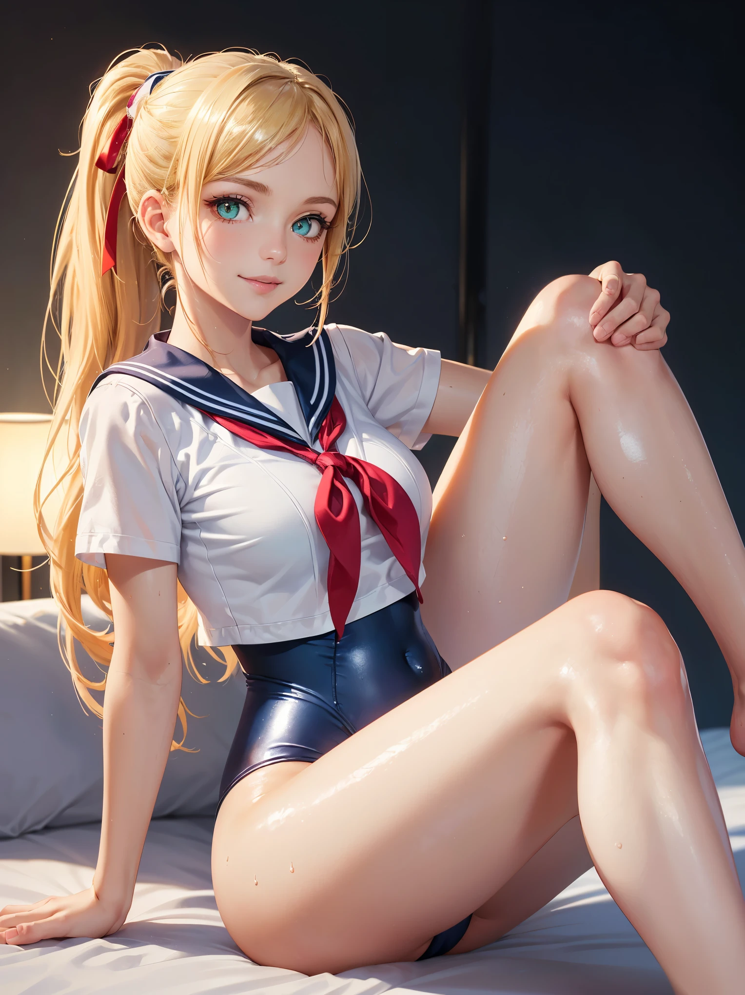 (1 woman), school swimsuit, ((Blue One Piece Swimsuit)), (Sailor school uniform only for the upper body), (white short shirt), ((Crop Top shirt)), summer clothes, Red Ribbon Tie, masterpiece, Best Quality, High quality, High Definition, Finely detailed, Detailed texture, realistic representation of face, Realistic, Colorful, Ray tracing, (((lighting forward))), smile, (((eyes focus))), (glowing eyes), (Detailed beautiful delicate face, Detailed beautiful eyes, A perfectly proportioned face, High detailed skin, best ratio four finger and one thumb, (((Glowing white shiny skin))), (((Open legs))), small breasts, ((sitting on a bed with one knee up)), ((Smooth texture, Realistic texture, Photorealistic)), (((Green eyes))), (((blonde semi-long hair, ponytail))), (Beautiful face, Cute face, Detailed face)