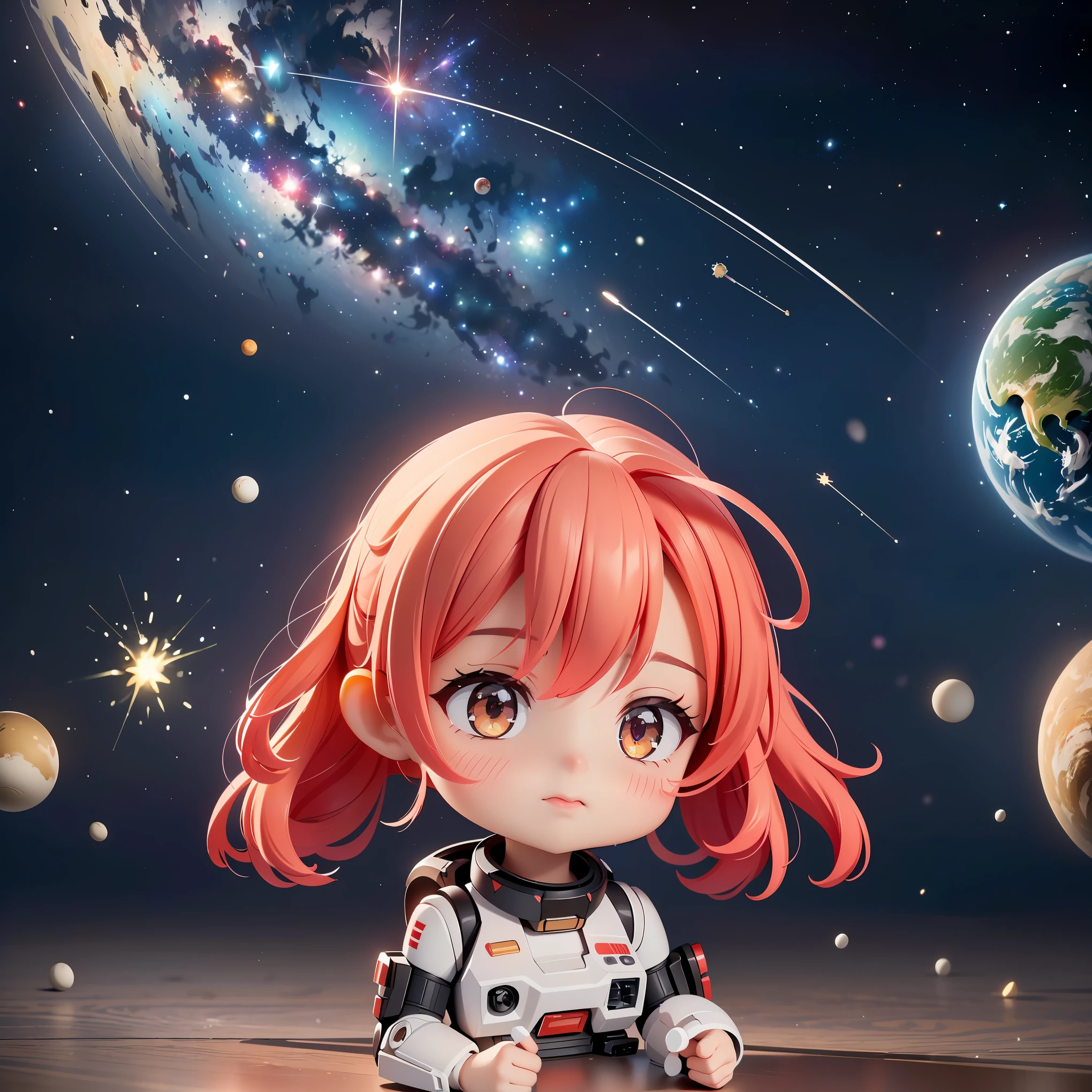 (8K, RAW photo, 最high quality, masterpiece:1.2), High-definition RAW color photo, Professional photo shoot, cinematic light, ((Chibichara, Nendoroid)), detailed robot in outer space, mecha suit, advanced technology, Metallic body, hall々and presence, glowing red eyes, elaborate design, Smooth and streamlined body, Attitude control in zero gravity, heavy weapon equipment, vast background of stars and galaxies, (((interstellar battle scene, Dynamic and lively composition, Colorful nebulae, cosmic ray particles, explosion and energy blast))), background bokeh, high quality, surreal, bright colors, ((very detailed, photo shoot)),