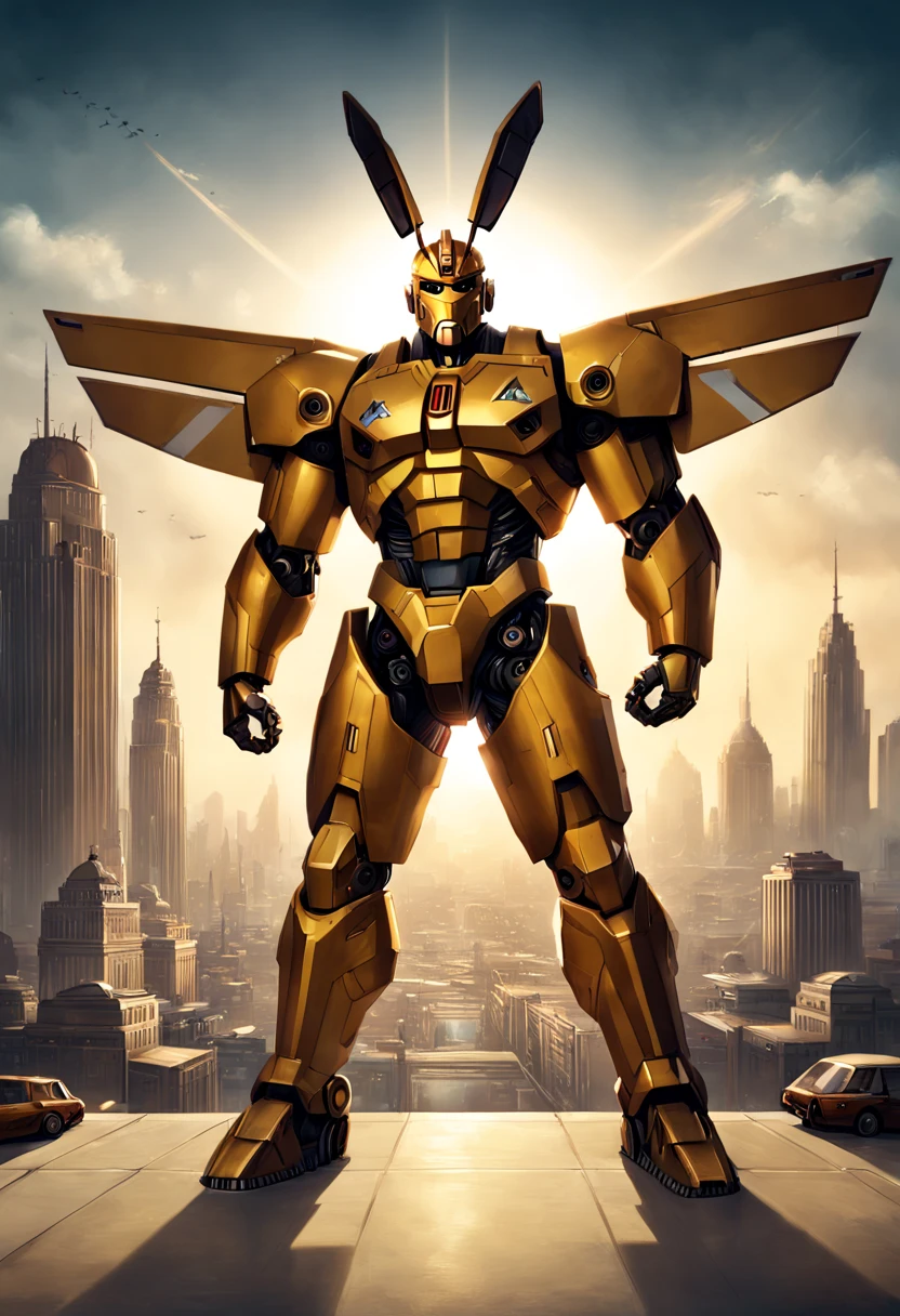 Mecha Warrior, Giant mecha robot rabbit towering the city!! :: concept art, 16k resolution digital art by Klaus Wittmann, Alejandro Burdisio, Ismail Inceoglu, Jeremy Mann, Ilya Kuvshinov, highly detailed, hyperrealistic, volumetric lighting, Muted colors, striking, beautifully lit, smooth sharp focus, trending on Artstation
