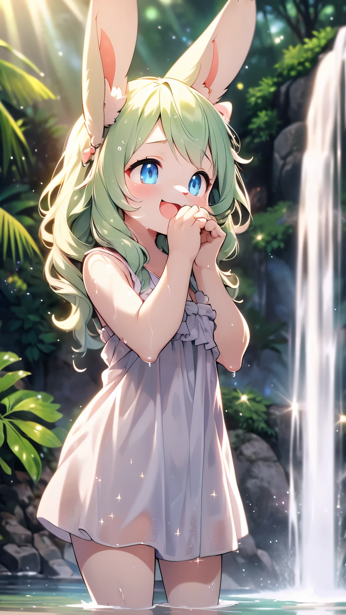 rabbit girl,female furry,mini girl,bathing under waterfall,wet dress,ultra sparkle water detailed,high resolution,high quality,look up,hands washing arms,smile,open mouth,light beam,wet body,wet head,wet face,wet arms,wet legs,body in water