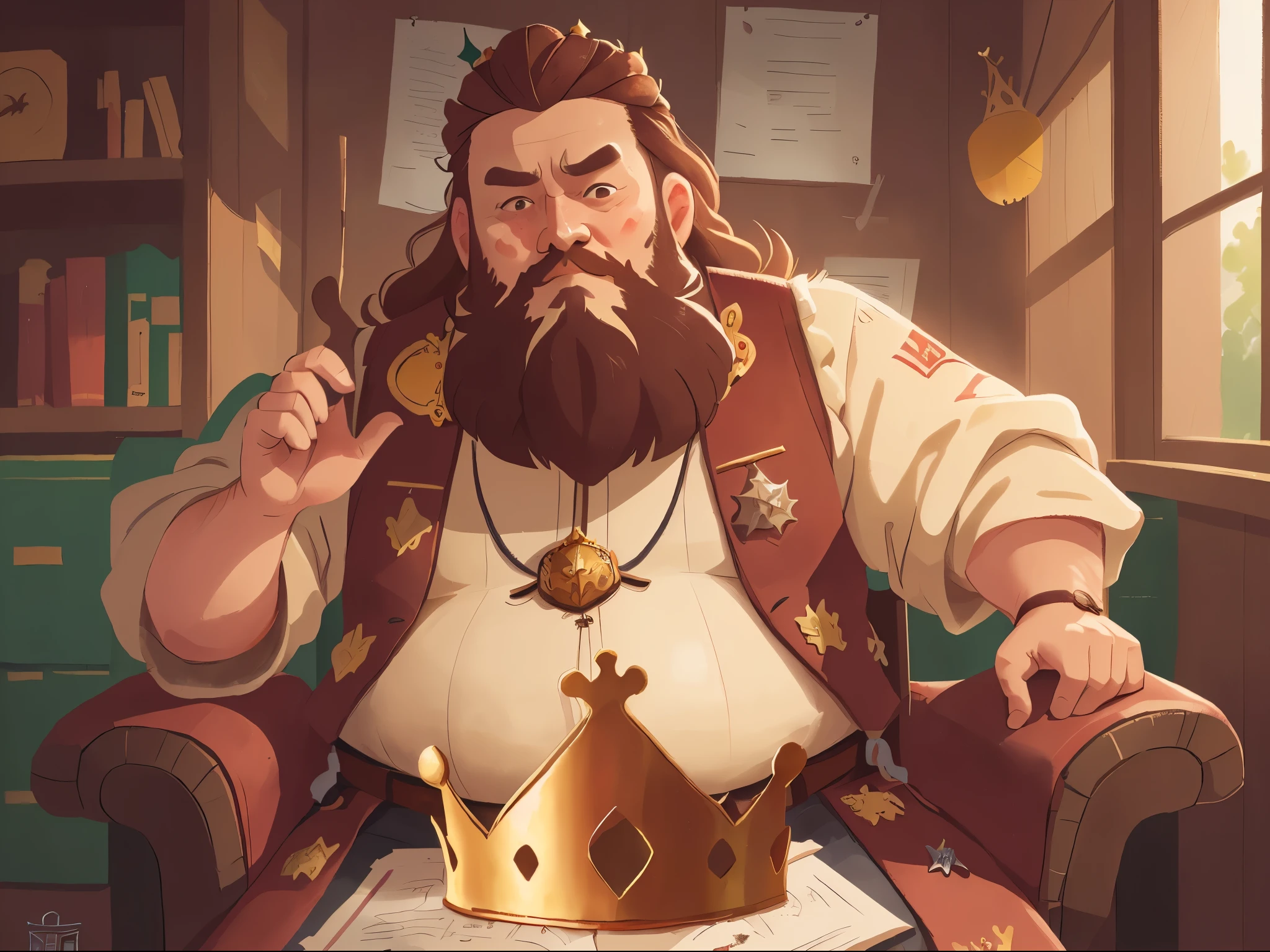 （young:1.2),Medieval Europe, medieval clothing, ancient times,(A fat king sat in his chair, holding a crown, palace, close-up, beard, and short brown hair in his hand:1.5),((blonde hair)), watercolor, medieval style,