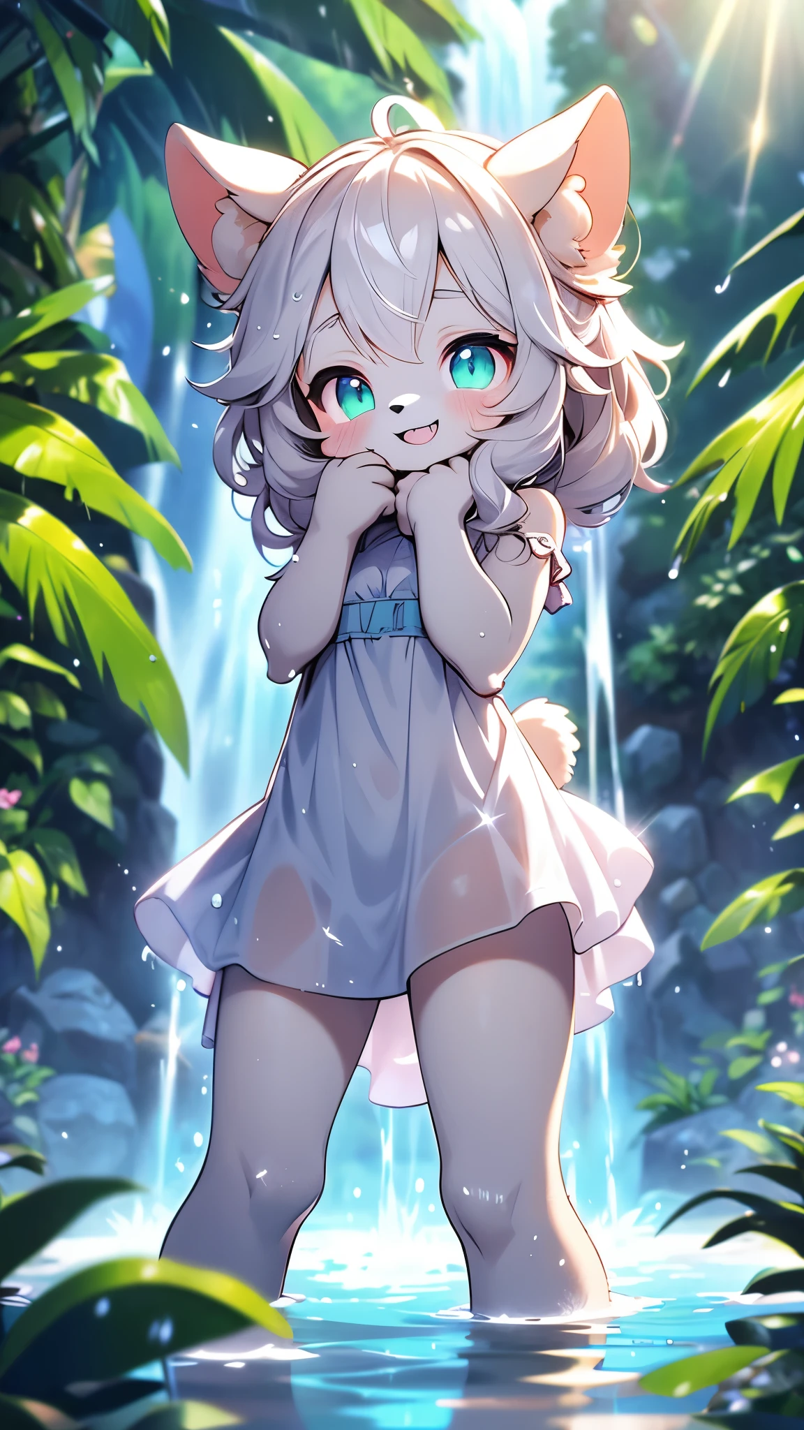 cat girl,female furry,mini girl,bathing under waterfall,wet dress,ultra sparkle water detailed,high resolution,high quality,looking at viewer,grin,close eye,light beam,wet body,wet head,wet face,wet arms,wet legs,body in water