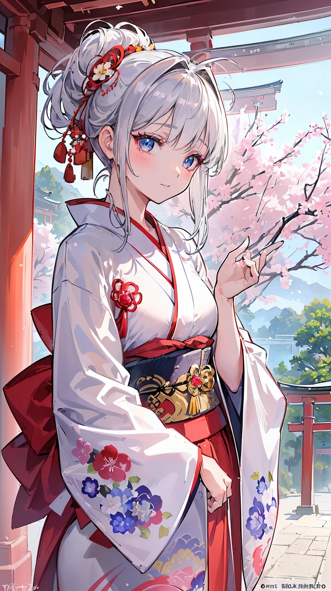 (((Masterpiece))), (((Highest quality))), ((Ultra-detailed)), ((Super fine illustration)), ((Ultra-fine painting)), (16K highest quality wallpaper:1.4), (Upper body:1.6), HDR, (Highly detailed and delicate illustration style:1.8), Detailed skin texture, Detailed cloth texture, Extreme detailed description, (T-masterpiece), (Highly detailed face:1.2), (Highly detailed silver fox ears:1.2), (Highly detailed shiny silver half updo:1.2), (Highly detailed clear eyes:1.2), Original, RAW photo, Professional, Intricate details, Super details, Direct light:1.6, (Perfect anatomy:1.4), (Highly detailed hands:1.2), (Highly detailed fingers:1.2), (Highly detailed fingertips:1.2), (16-years-old), Real, (Solo:1.8), ((A beautiful and cute silver fox girl who is an idol and wears a bright red long-sleeved kimono with a floral pattern:1.4)) BRAKE (Beautiful and adorable silver fox ears:1.6), (Highly detailed and delicate silver fox ears:1.4), (Beautiful and well-shaped big breasts:1.2), (Beautiful and well-shaped buttocks), (Beautiful and shiny silver half updo:1.6), (Highly detailed and delicate silver half updo:1.2), (Beautiful clear blue eyes that shine with great detail:1.6), (Highly detailed and delicate blue eyes:1.2), (Highly detailed face:1.4), (Smile:1.3), (Blush:1.4), (Looking at viewer:1.4), (Celebration:1.4) BRAKE (Bright red long-sleeved kimono with floral pattern:1.4), (Japanese traditional costume:1.2) BRAKE (Concept art:1.2), (Detailed fantasy art:1.2) BRAKE (Highly detailed and delicate Ise Grand Shrine in Mie Prefecture in the background just after noon in spring:1.6), (Standing in front of the torii gate:1.4), (Celebration:1.4), Ise Grand Shrine:1.4, Torii gate of Ise Shrine:1.4, cherry blossoms:1.2, Very beautiful in the sunny sky background just after noon:1.4 BRAKE