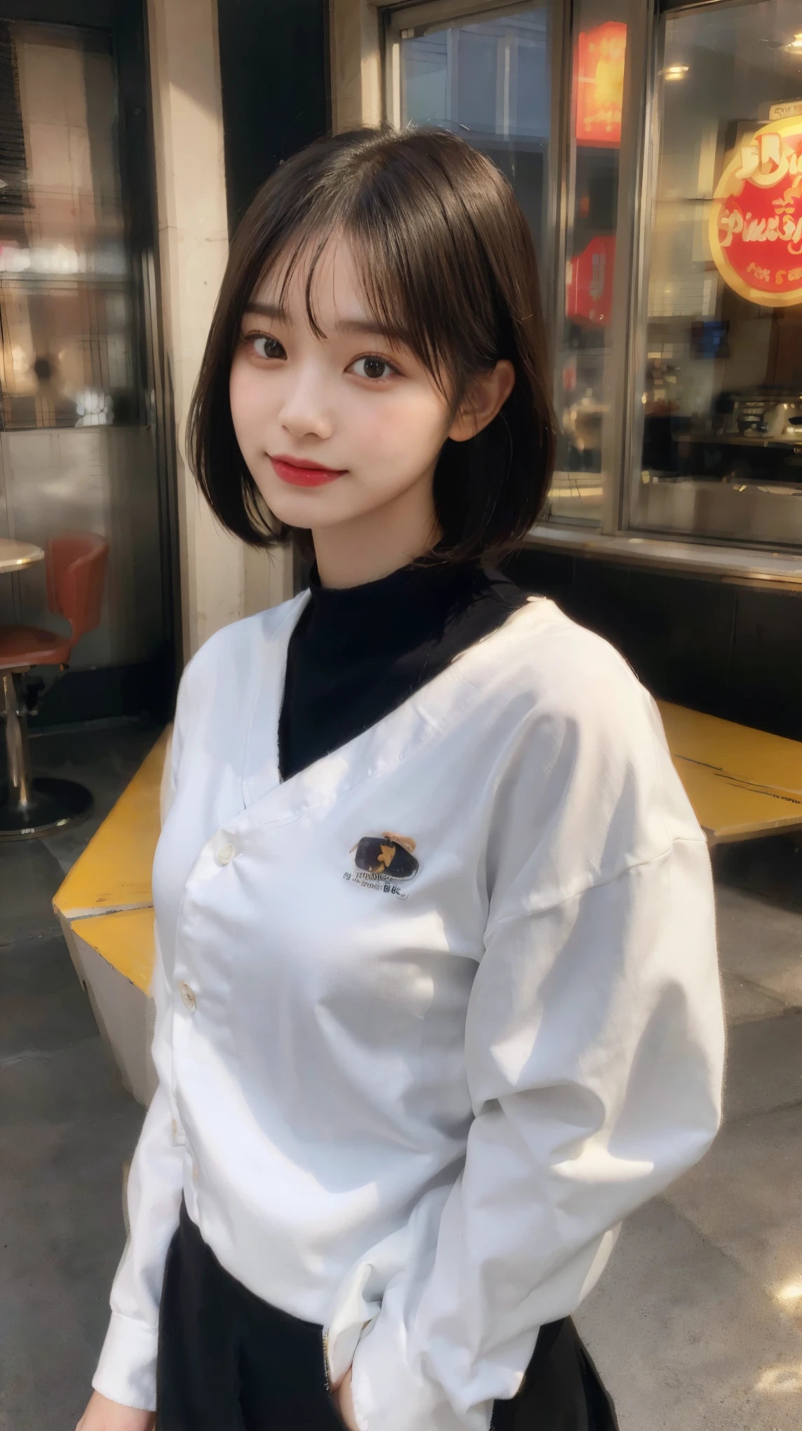 highest quality,masterpiece,ultra high resolution,(photo-realistic:1.4),looking at the viewer,(long sleeve),(burger shop uniform),Sun visor,Restaurant Counter,whole body,standing posture,japanese girl,smile,(ultra short hair),(masterpiece:1.3), (8K, realistic, RAW photo, highest quality: 1.4), (1 girl), beautiful face, (realistic face), (short hair),beautiful hairstyle,realistic black eyes,beautiful and fine eyes,(realistic skin),disorganized,Charm, ultra high resolution,surreal,very detailed,golden ratio,
