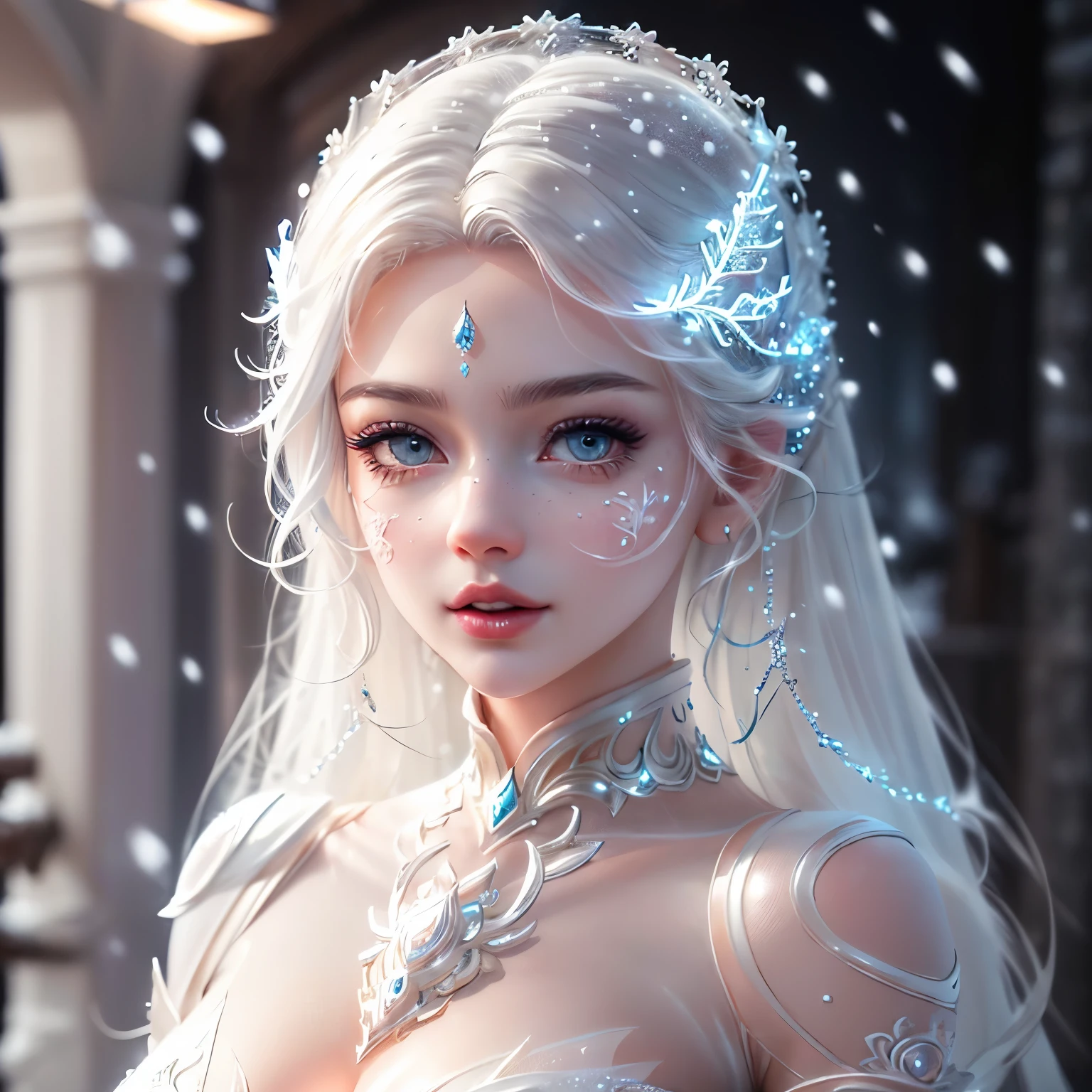 (Ultra-Detailed:1.2), (8K, Best Quality), (Face Close-Up), (Masterpiece:1.2), (Illustration:1.2), (Shiny Skin), (Cinematic Lighting), (1Girl), (Glowing Eyes), (Gorgeous Hairstyle), Pinterest Trends, DeviantArt Trends, (Delicate Detailed), (Intricate Details), (Octane Render), (Glowing Accessories), (Detailed Blizzard Snow Background:1.2), (White Glamorous Glowing Sexy Bodysuit:1.2), (Bright Colors), (Glowing Lips), (Large Breasts)