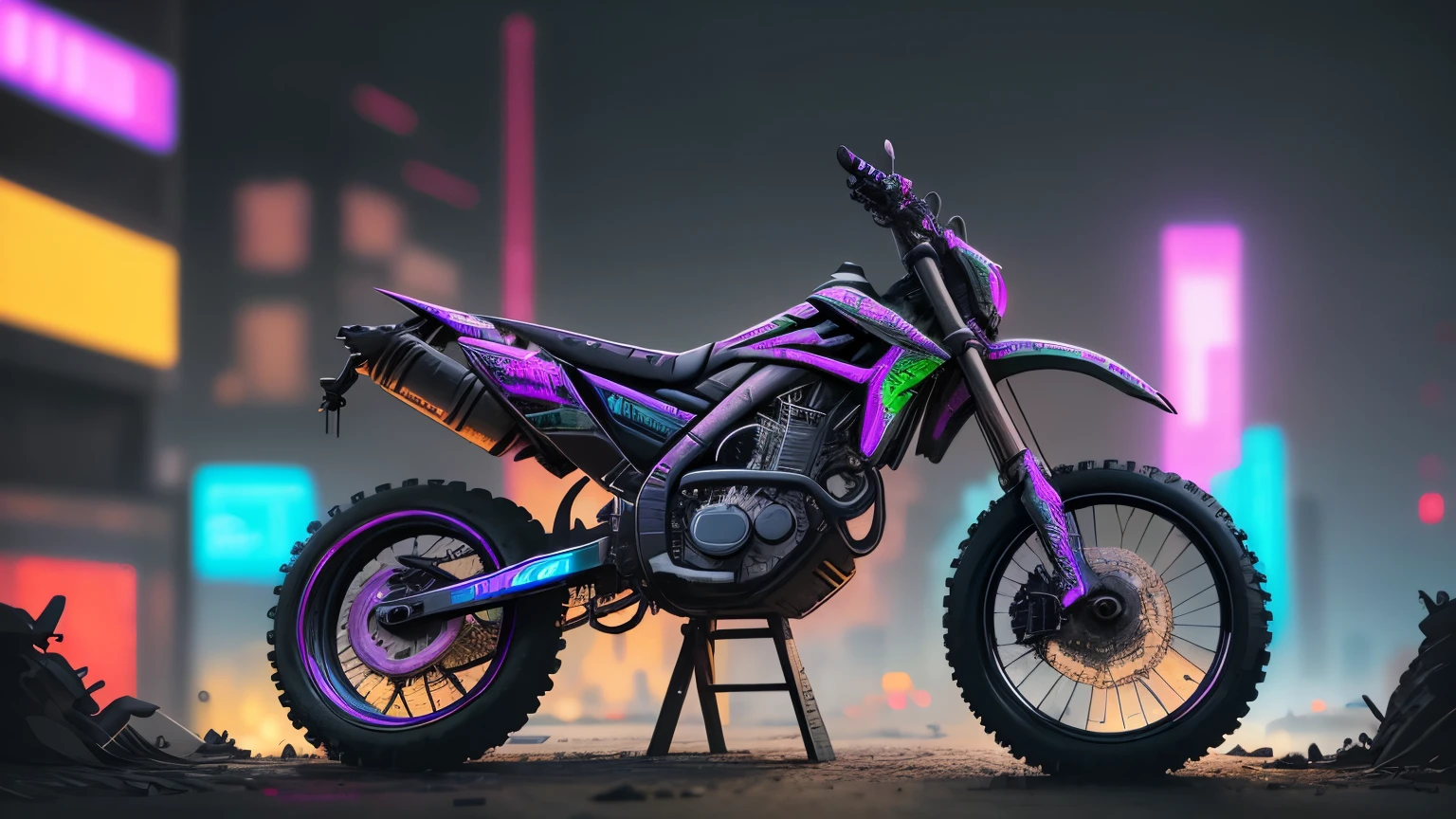 The prompt without adding any prefix is:

cyberpunk dirt bike, futuristic, neons, lights, HDR, ultra-detailed, realistic:1.37, professional, vivid colors, bokeh, portraits, landscape, sharp focus, concept artists, physically-based rendering, extreme detail description, studio lighting, cyberpunk material, street scene, urban environment.