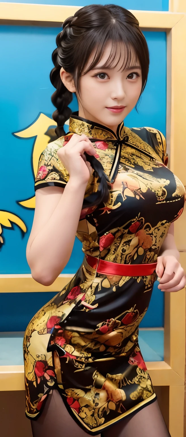 kung fu idol、whole body、good style、、、、、Big Scorpion Print Tight Mini Cheongsam Dress、Braid