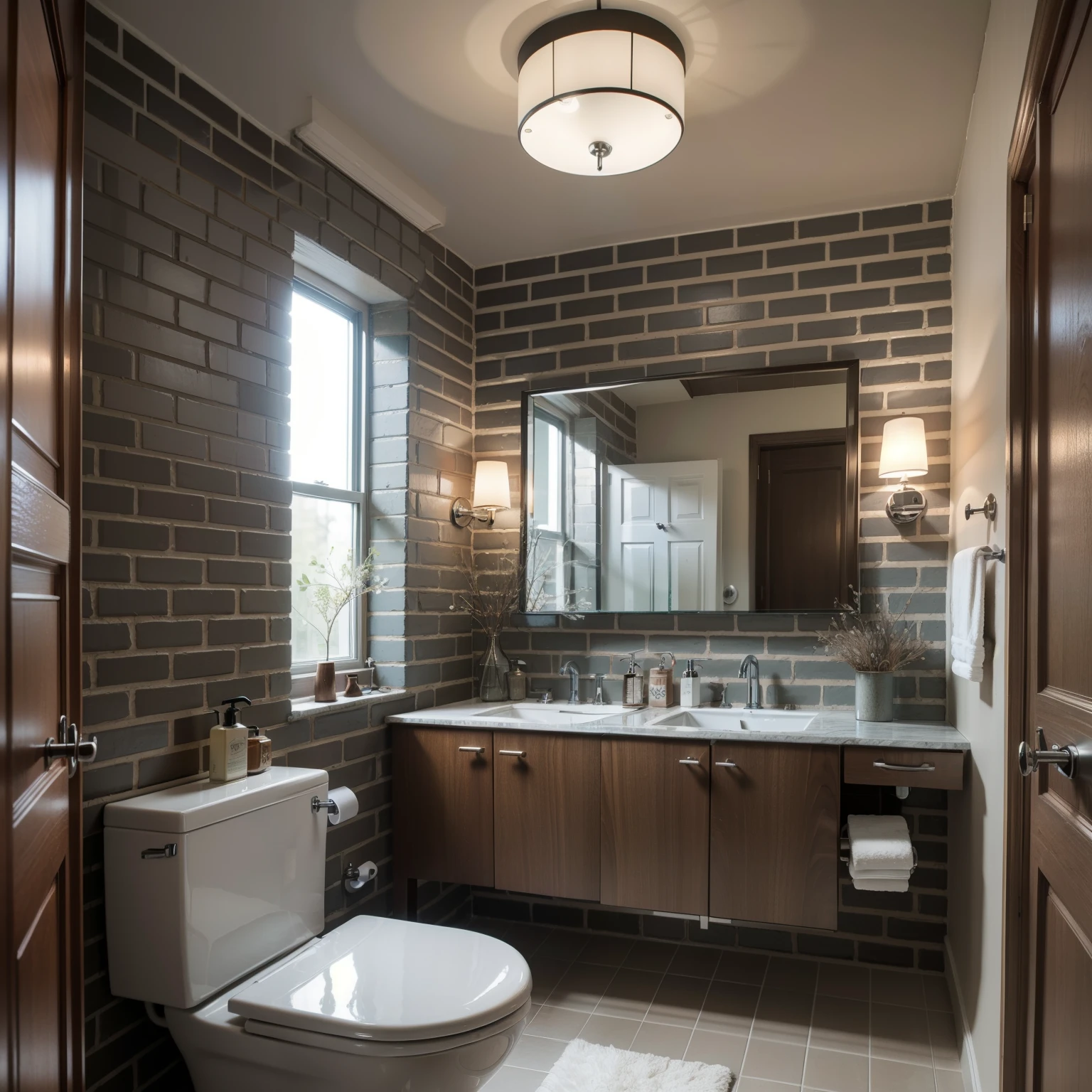 bathroom with a 19th-century brick wall, one toilet, one washbasin and one bathtub, a radiator on the wall, a one cabinet suspended under the mirror, a lamp, decorative elements, modern style, warm colors, subdued colors