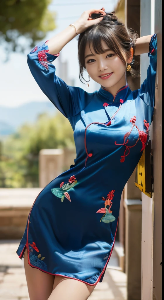 (highest quality、Super high resolution、masterpiece:1.3), valley、big breasts、Plump thighs、Midhair with bangs, detailed moisturized eyes, rough skin, highest quality, 8K, blurred background, (big breasts, long legs, Legs exposed through slits), Wearing slip-ons, natural color lip, smile, woman with perfect style, You're in a high-traffic area, (Colorful patterns(Red and blue embroidery)Cheongsam for girls:1.2), facing the front, look at the camera