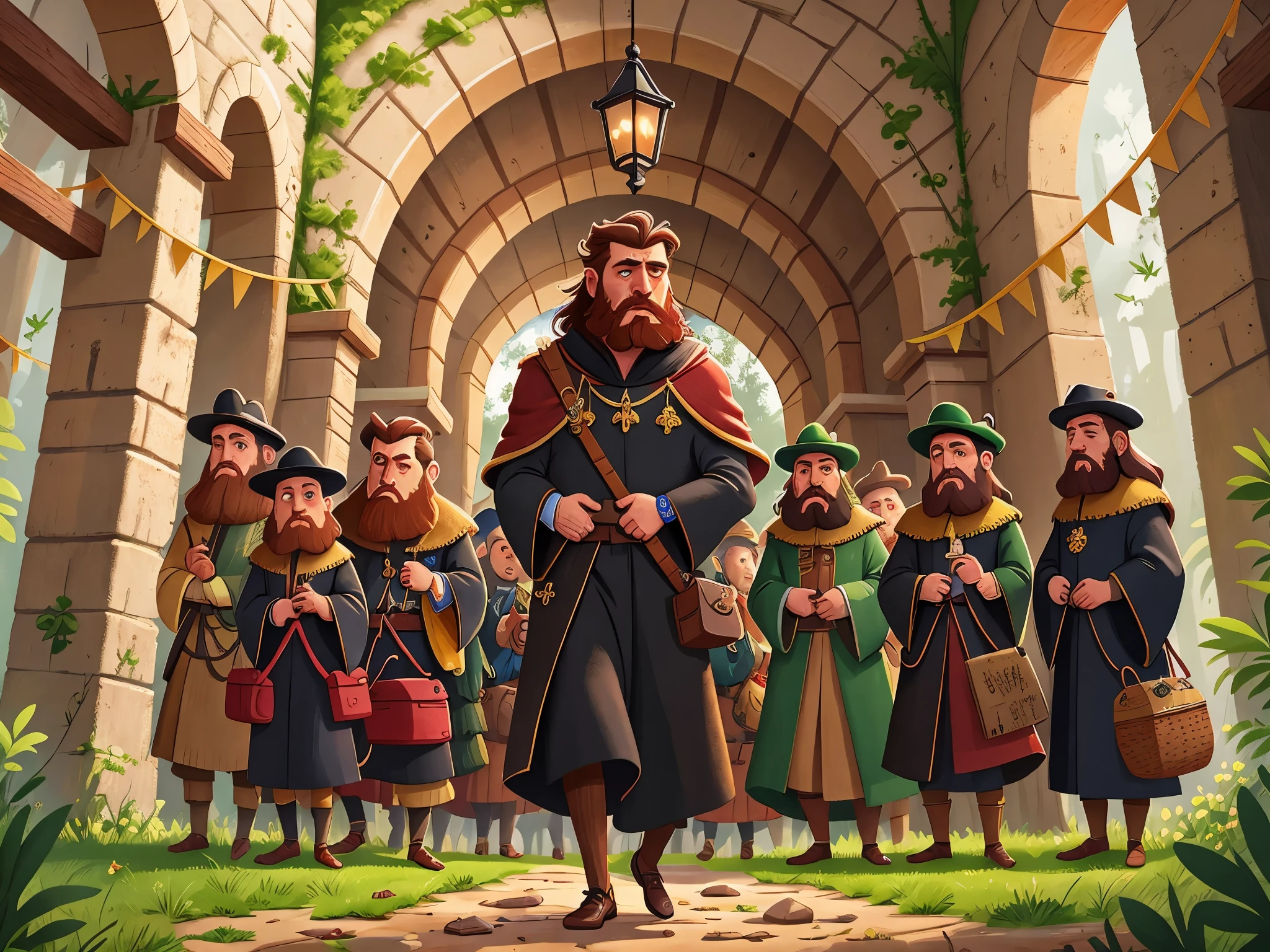 [[[Ultra-detailed, best quality, beautiful, 4K, detailed faces, medieval stories]]], brown haired bearded man leaves, behind is a huge royal palace and a group of ministers wearing black robes