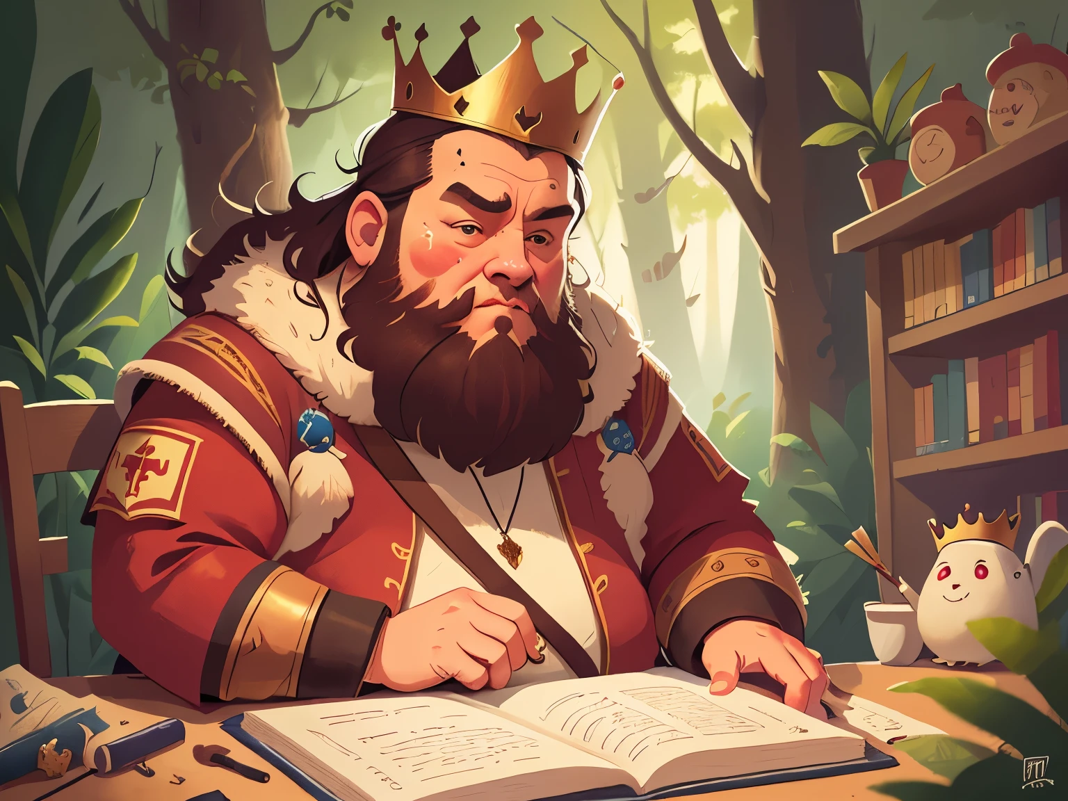 ,Medieval Europe, medieval clothing, ancient times,(A fat king sat in his chair, holding a crown, palace, close-up, beard, and short brown hair in his hand:1.5),((blonde hair)), watercolor, medieval style,