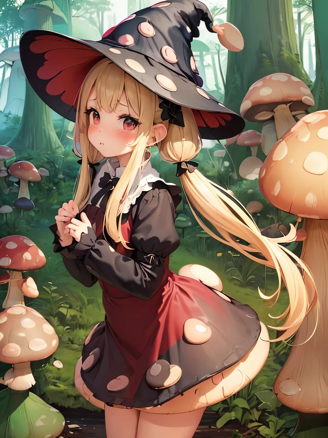 ,((( itegirl with blonde twin tails))),(((witch hat))),(((forest fairy))),(((mushroom forest))),(((cute pose))),(((pout))),(((blush))),(((Red Gothic Dress))),(((big mushroom house)))