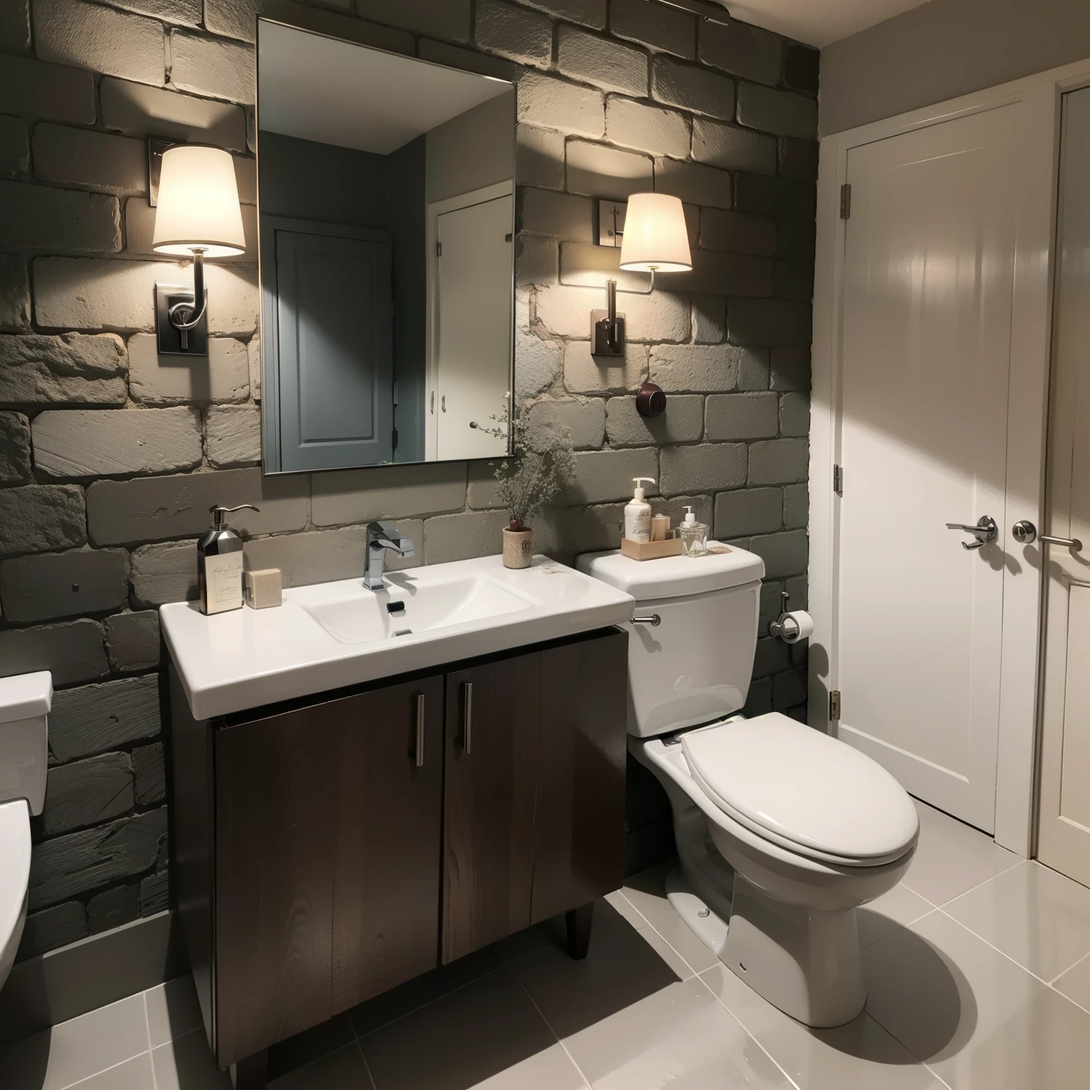 bathroom with a 19th-century brick wall, one toilet, one washbasin and one bathtub, a radiator on the wall, a one cabinet suspended under the mirror, a lamp, decorative elements, modern style, warm colors, subdued colors