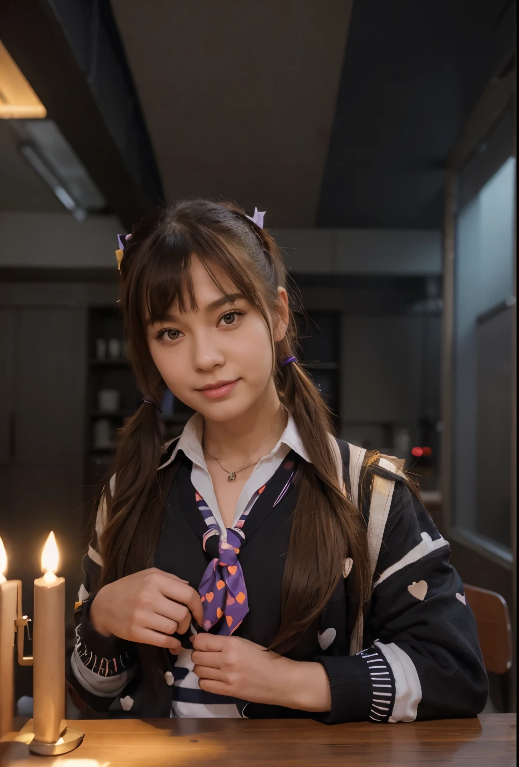 ichigestyle, 1girl, solo, brown hair, heart, hair ornament, school uniform, side ponytail, smile, looking at viewer, neckerchief, upper body, heart hair ornament, cardigan, sailor collar, serafuku, black sailor collar, bangs, yellow eyes, closed mouth, long hair, brown eyes, purple neckerchief, striped background, collarbone, striped, polka dot, star (symbol)
