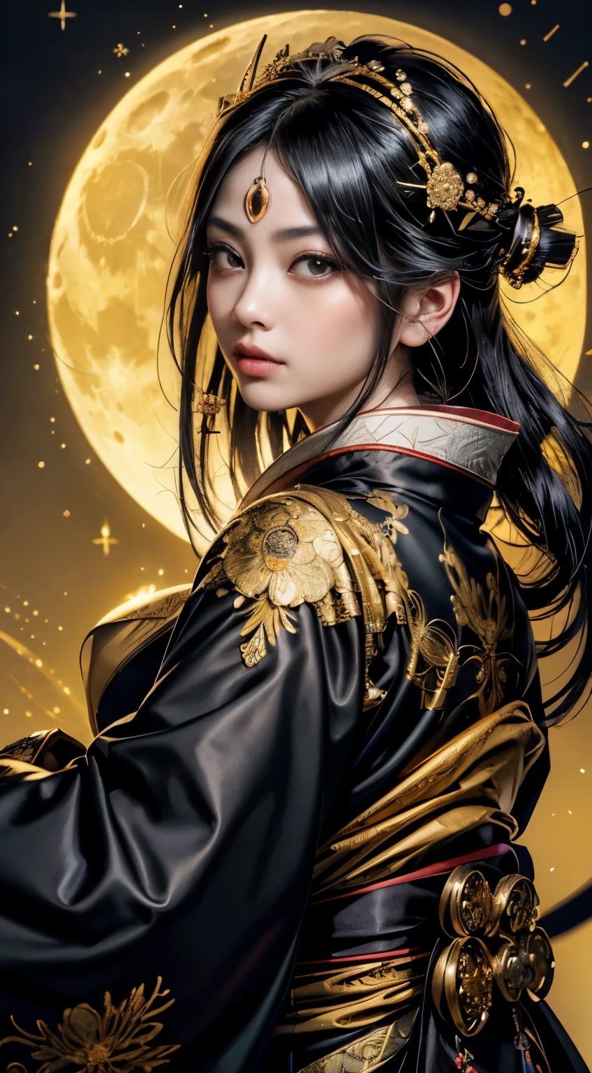 detailed background((moon：1.5),),elaborate costumes{luxury kimono(black kimono(fine golden embroidery,))}、(Queen of the Japan(Himiko):1.2)(perfect face:1.2),Expressing a beautiful and elegant woman,balanced gaze,glossy black hair,Wallpaper 16K,((facing forward)), ((highest quality)),{{portrait photography}},Powerful people