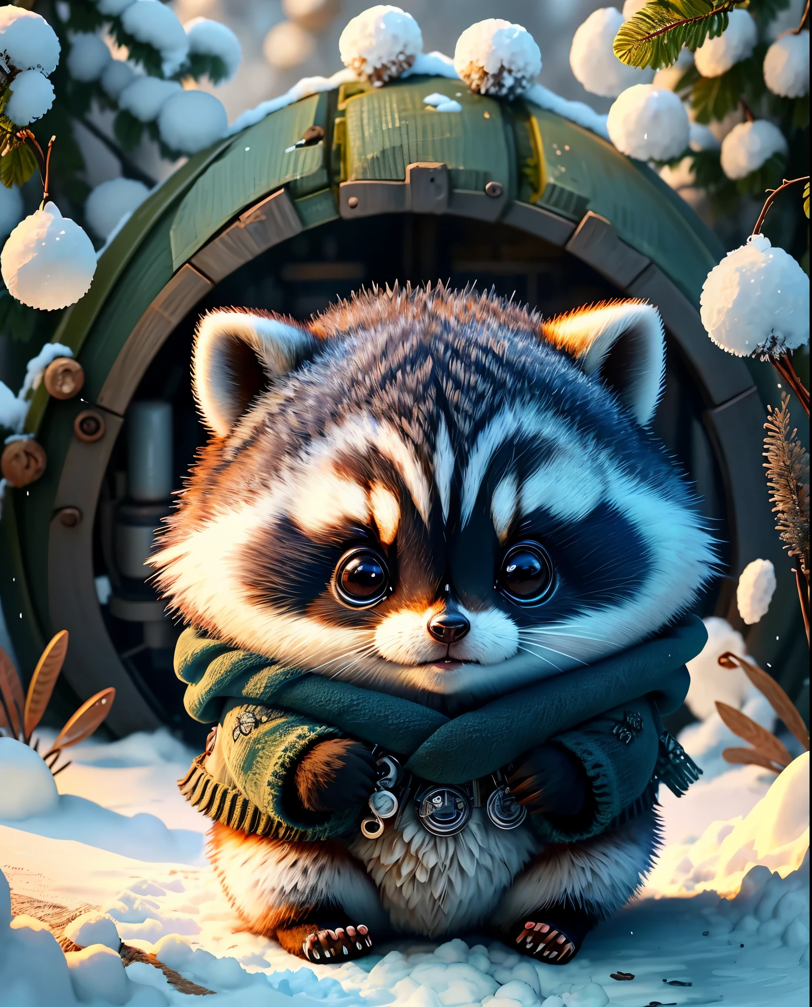 best image quality、"cute生き物の傑作を作成する.、（winter）raccoon, high detail, In 8K、best image quality、Dressed as an adventurer、Bogan in hand、Video Game Hero Costume、(((cute)))、