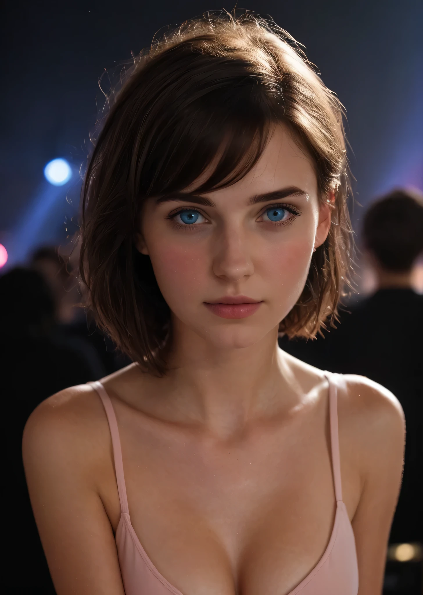 wearing a light pink dress:1.2, Looking at Viewer, full body view, Cinematic lighting, Perfect, softlight, High resolution skin:1.2, Realistic skin texture, 24 years old woman、a small face、no-makeup,Bust B Cup, no cleavage show, Blue eyes, Short hair, dark brown hair、athletic body, at a party club background, defined eyes
