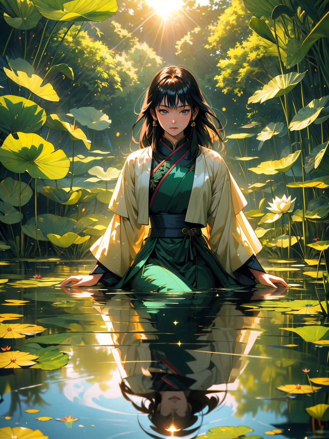 masterpiece, Wallpaper, summer pond, pond, afternoon sun, surrounded by lotus leaves, pond background, depth of field, hot weather, high definition detail, wet, ultra detail, movie, soft light, deep field focus bokeh, Ray Tracing, Diffuse (Extra Fine Glass Reflections). raidenshogundef,raidenshogunrnd