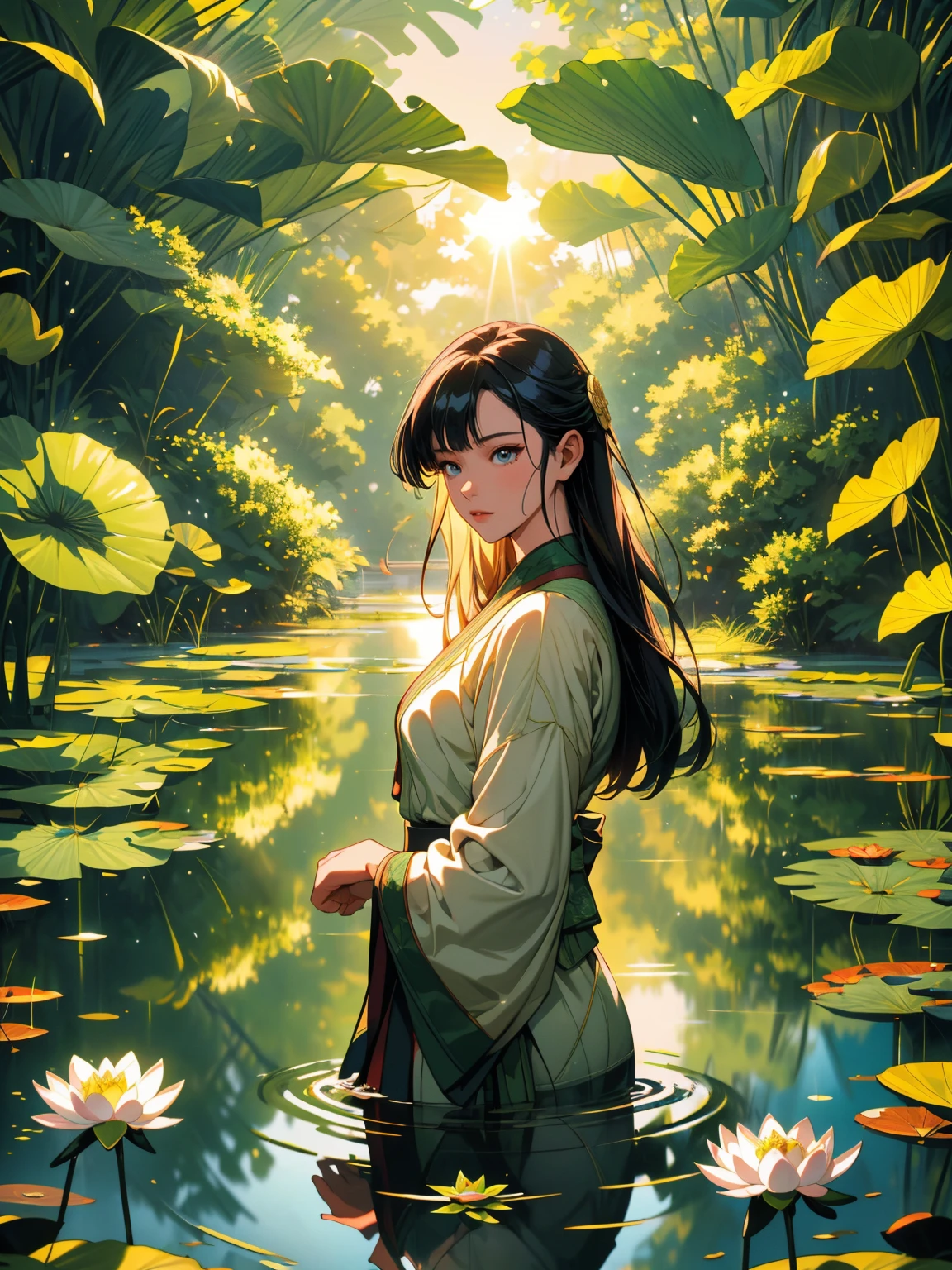 masterpiece, Wallpaper, summer pond, pond, afternoon sun, surrounded by lotus leaves, pond background, depth of field, hot weather, high definition detail, wet, ultra detail, movie, soft light, deep field focus bokeh, Ray Tracing, Diffuse (Extra Fine Glass Reflections). raidenshogundef,raidenshogunrnd