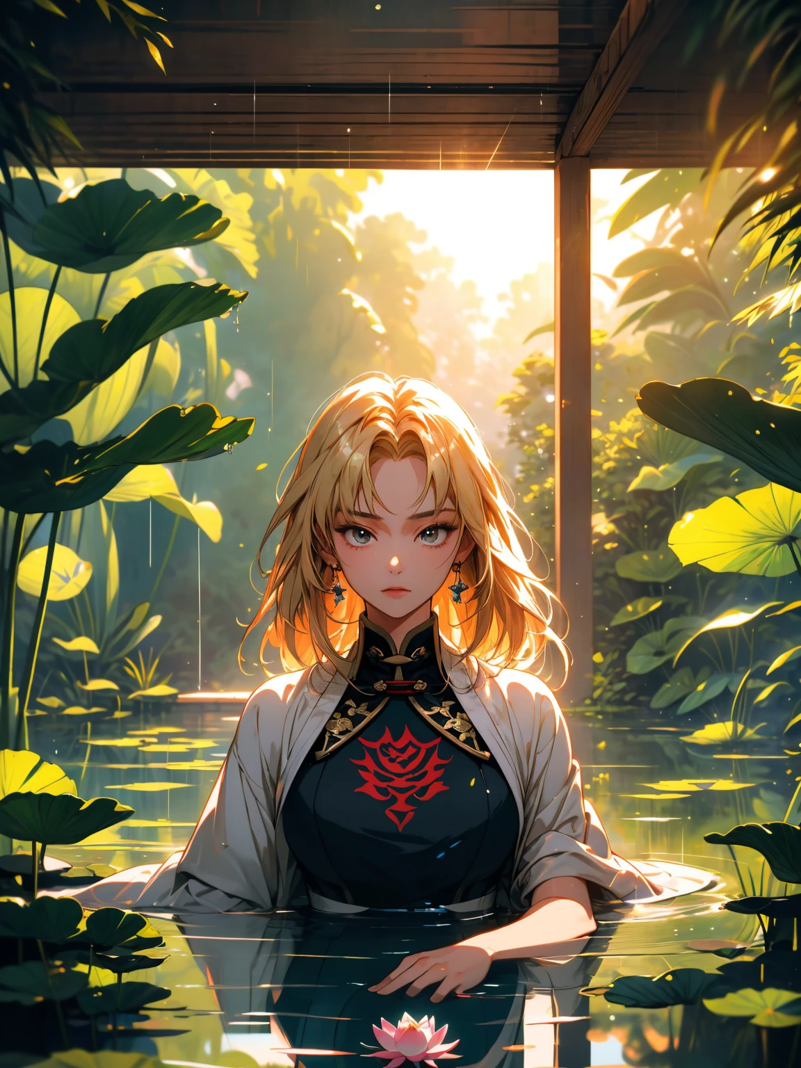 masterpiece, Wallpaper, summer pond, pond, afternoon sun, surrounded by lotus leaves, pond background, depth of field, hot weather, high definition detail, wet, ultra detail, movie,  soft light, deep field focus bokeh, Ray Tracing, Diffuse (Extra Fine Glass Reflections). raidenshogundef,raidenshogunrnd




