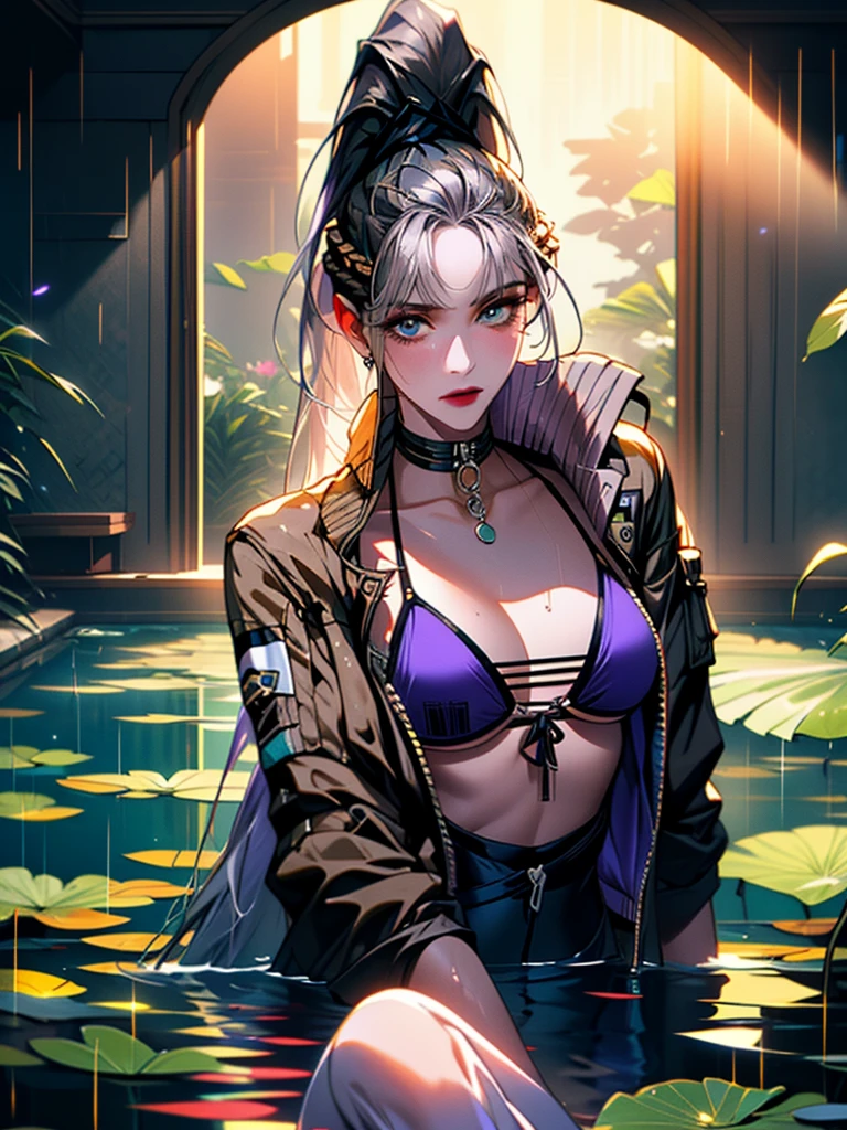 masterpiece, Wallpaper, summer pond, pond, afternoon sun, surrounded by lotus leaves, pond background, depth of field, hot weather, high definition detail, wet, ultra detail, movie, soft light, deep field focus bokeh, Ray Tracing, Diffuse (Extra Fine Glass Reflections). baiyi, ponytail,grey hair, purple bikini, open jacket