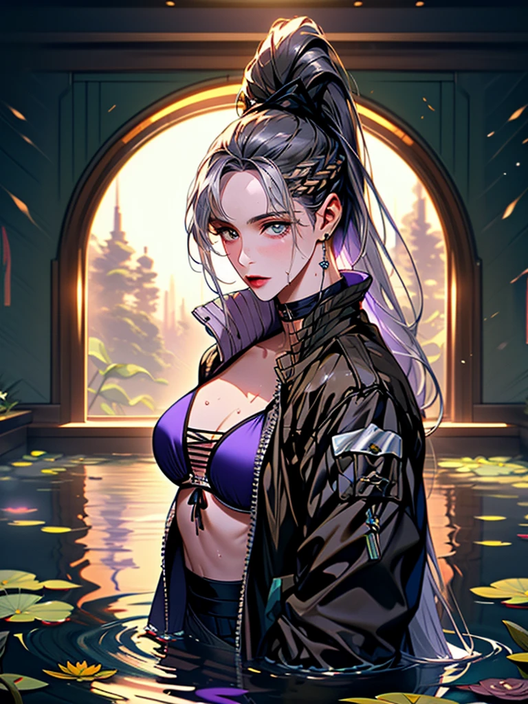 masterpiece, Wallpaper, summer pond, pond, afternoon sun, surrounded by lotus leaves, pond background, depth of field, hot weather, high definition detail, wet, ultra detail, movie, soft light, deep field focus bokeh, Ray Tracing, Diffuse (Extra Fine Glass Reflections). baiyi, ponytail,grey hair, purple bikini, open jacket