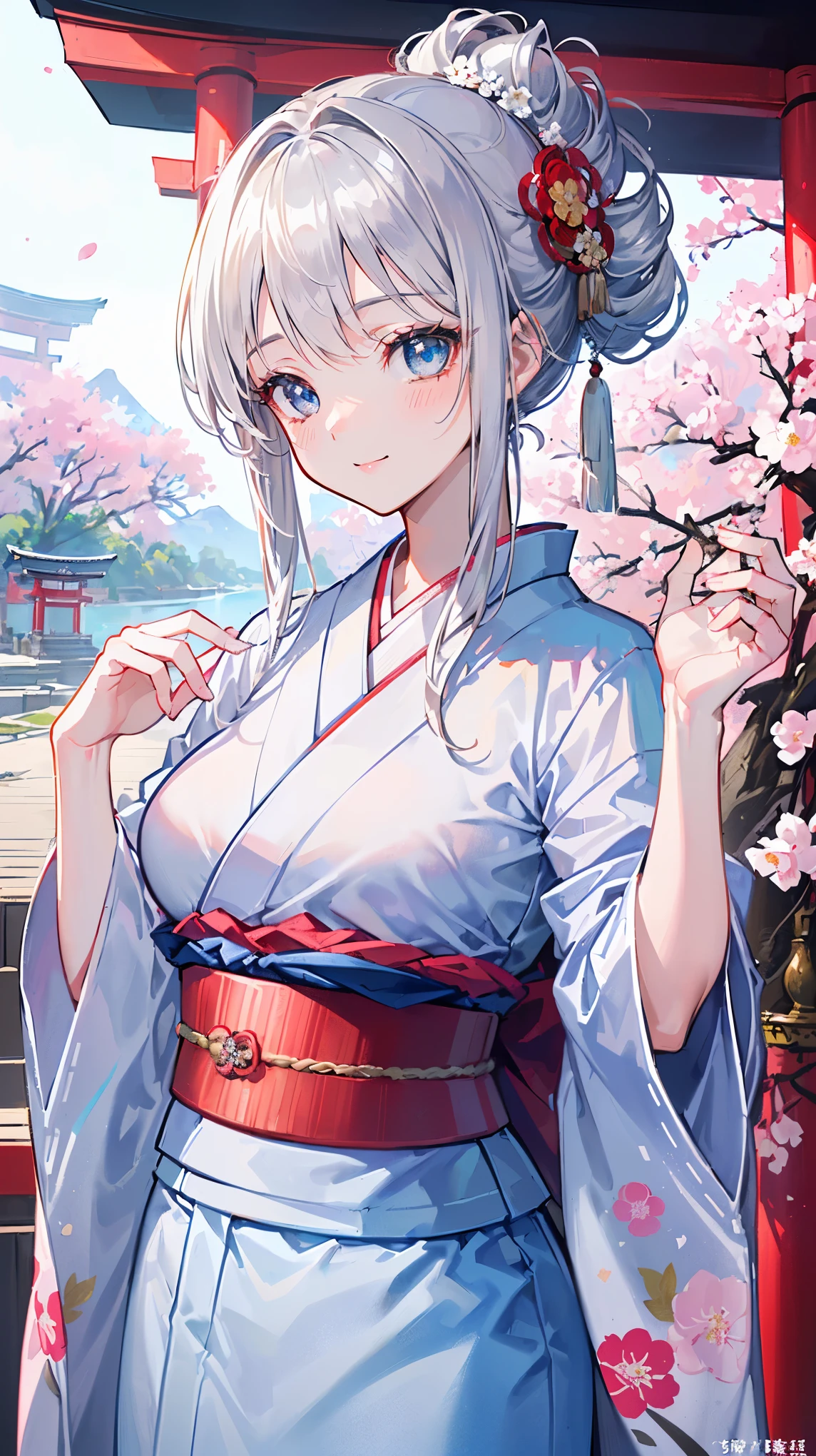 (((Masterpiece))), (((Highest quality))), ((Ultra-detailed)), ((Super fine illustration)), ((Ultra-fine painting)), (16K highest quality wallpaper:1.4), (Upper body:1.6), HDR, (Highly detailed and delicate illustration style:1.8), Detailed skin texture, Detailed cloth texture, Extreme detailed description, (T-masterpiece), (Highly detailed face:1.2), (Highly detailed silver fox ears:1.2), (Highly detailed shiny silver half updo:1.2), (Highly detailed clear eyes:1.2), Original, RAW photo, Professional, Intricate details, Super details, Direct light:1.6, (Perfect anatomy:1.4), (Highly detailed hands:1.2), (Highly detailed fingers:1.2), (Highly detailed fingertips:1.2), (16-years-old), Real, (Solo:1.8), ((A beautiful and cute silver fox girl who is an idol and wears a bright red long-sleeved kimono with a floral pattern:1.4)) BRAKE (Beautiful and adorable silver fox ears:1.6), (Highly detailed and delicate silver fox ears:1.4), (Beautiful and well-shaped big breasts:1.2), (Beautiful and well-shaped buttocks), (Beautiful and shiny silver half updo:1.6), (Highly detailed and delicate silver half updo:1.2), (Beautiful clear blue eyes that shine with great detail:1.6), (Highly detailed and delicate blue eyes:1.2), (Highly detailed face:1.4), (Smile:1.5), (Blush:1.4), (Looking at viewer:1.4), (Celebration:1.4) BRAKE (Bright red long-sleeved kimono with floral pattern:1.4), (Japanese traditional costume:1.2) BRAKE (Concept art:1.2), (Detailed fantasy art:1.2) BRAKE (Highly detailed and delicate Ise Grand Shrine in Mie Prefecture in the background just after noon in spring:1.6), (Standing in front of the torii gate:1.4), (Celebration:1.4), Ise Grand Shrine:1.4, Torii gate of Ise Shrine:1.4, cherry blossoms:1.2, Very beautiful in the sunny sky background just after noon:1.4 BRAKE
