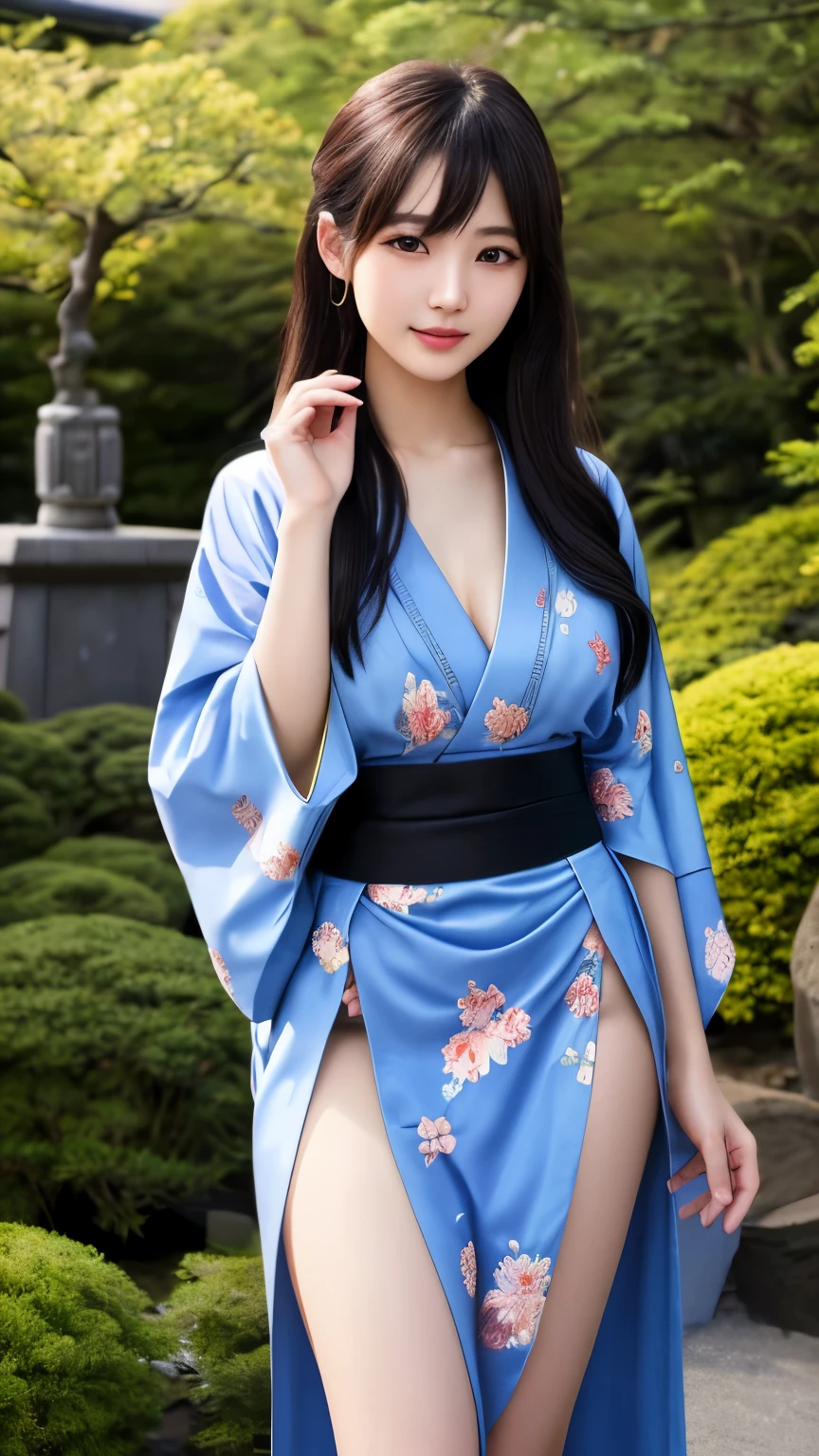 最high quality、high quality、best image quality、8K、最High resolution、High resolution、最high quality、masterpiece、RAW photo、whole body写真、Realistic human body with detailed details、Realistic skin in every detail、Realistic face in every detail、Realistic eyes in every detail、Realistic lips in every detail、Realistic teeth in every detail、Realistic ears with attention to detail、Realistic hair with detailed details、Realistic arms with attention to detail、Realistic hands with attention to detail、Realistic fingers with attention to detail、(fine hands、thumb1reference4)、Realistic legs with attention to detail、Realistic feet with attention to detail、((beautiful japanese girl))、(japanese model), (japanese woman)、((18 year old beautiful girl))、(black hair)、(straight hair)、((whole body))、((Beautiful breasts directed upwards、Medium chest))、(slim style、slender style)、(whole body光沢肌、Fair skin)、Detailed and realistic human body、detailed realistic skin、detailed realistic face、detailed realistic arms、Detailed realistic fingers、Detailed realistic feet、soft natural light、Maiko、geisha、kimono、Furisode、Yukata、japanese traditional、Samurai Residence、Japanese garden、((Transparent see-through with colorful floral pattern(クロストップkimono、Hakama with side slits))、((In the garden(Pose that makes your thighs look beautiful))