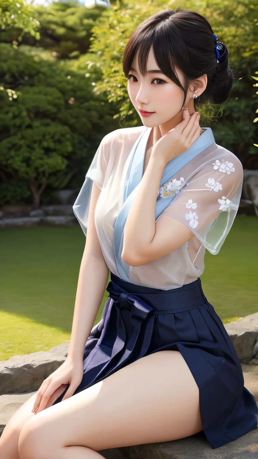8K quality、High resolution、Realistic skin texture、High resolutionの瞳、woman、Japan summer yukata、Princess Hair、thin、リアルなwoman器、White thighs、Small breasts、Small breastsの谷間、Brown Hair、thin脚、Sweat、Shooting from the side、Bright sunshine